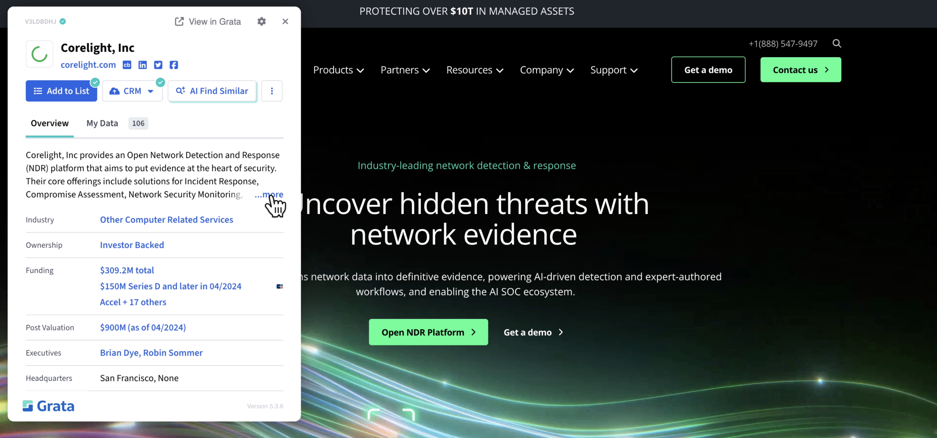 A screenshot of the Grata Chrome Extension pop-up on Corelight's homepage. With the extension, company highlights are instantly available including company overview, industry, ownership, funding history, post valuation, executive names, and headquarters location.
