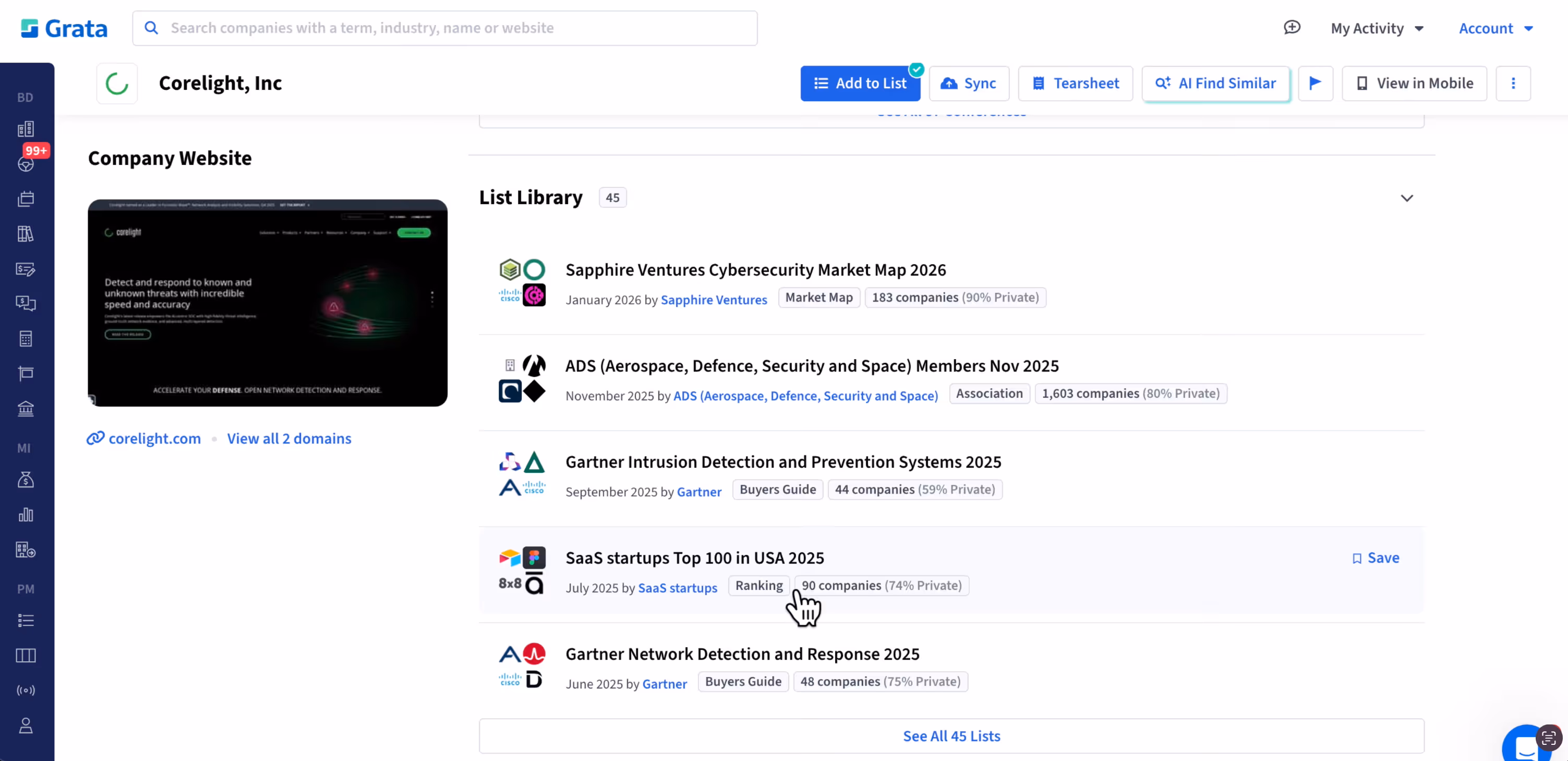 A screenshot of Corelight, Inc within the Grata platform, specifically showcasing the List Library feature. 