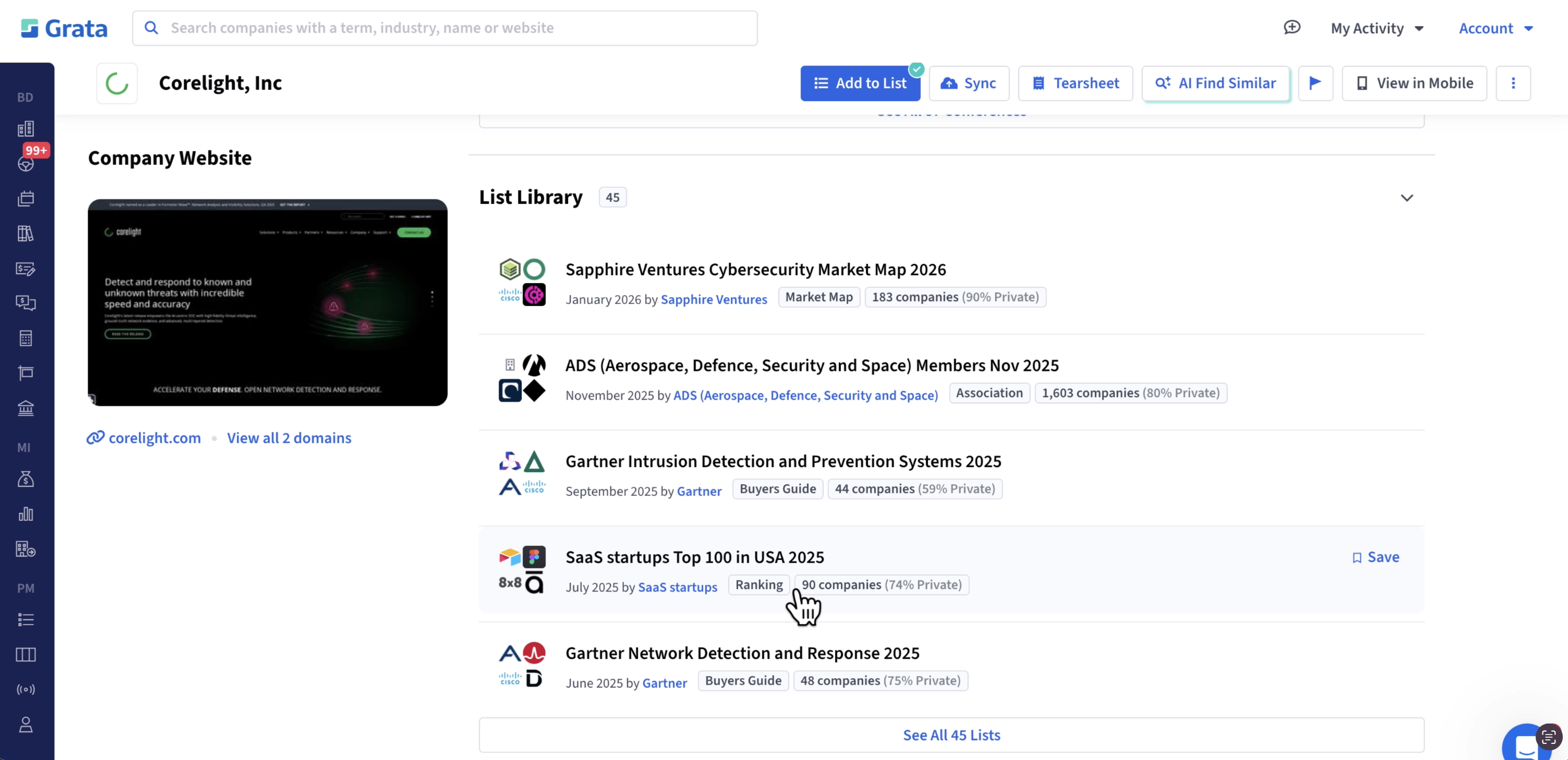 A screenshot of Corelight, Inc within the Grata platform, specifically showcasing the List Library feature. 