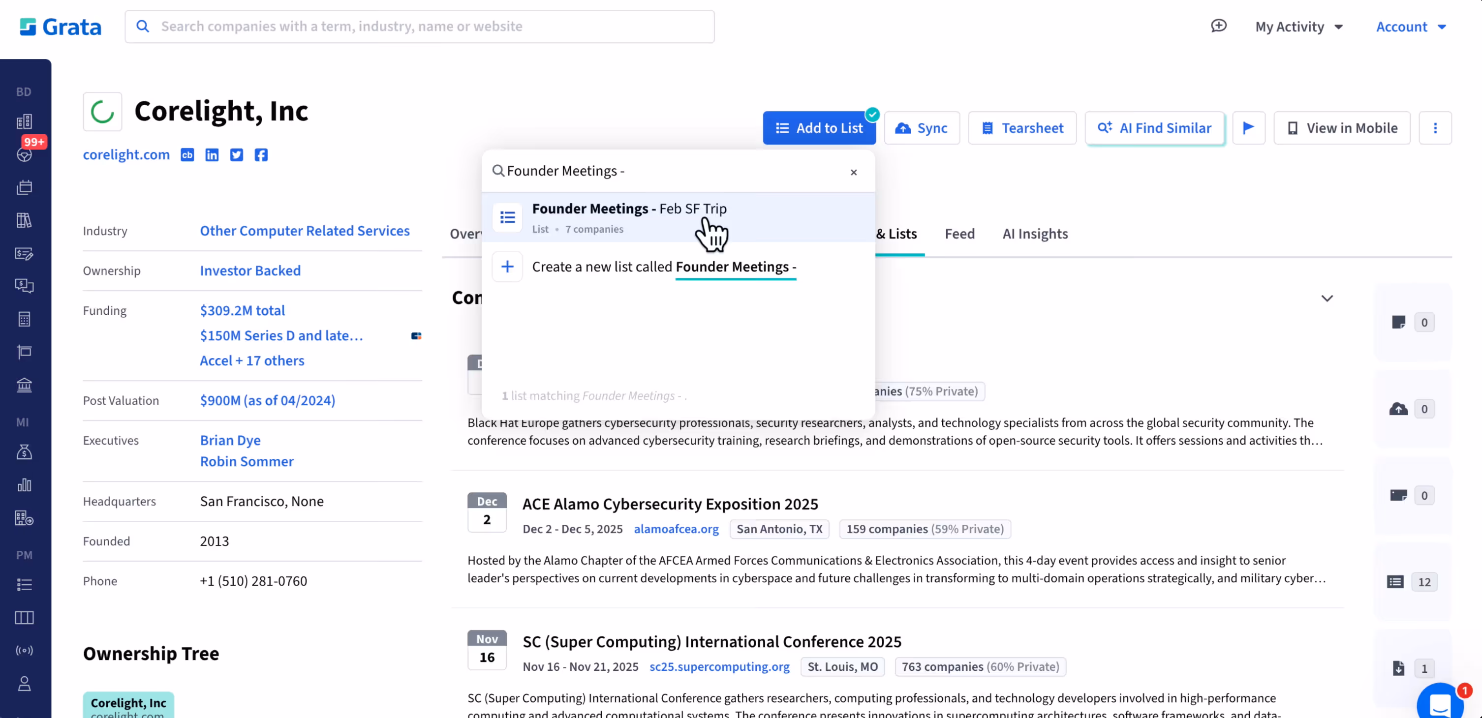 A screenshot of Corelight, Inc's company profile in the Grata platform showcasing the business development workflow. The user is creating a list of Founder Meetings within the Grata platform. 