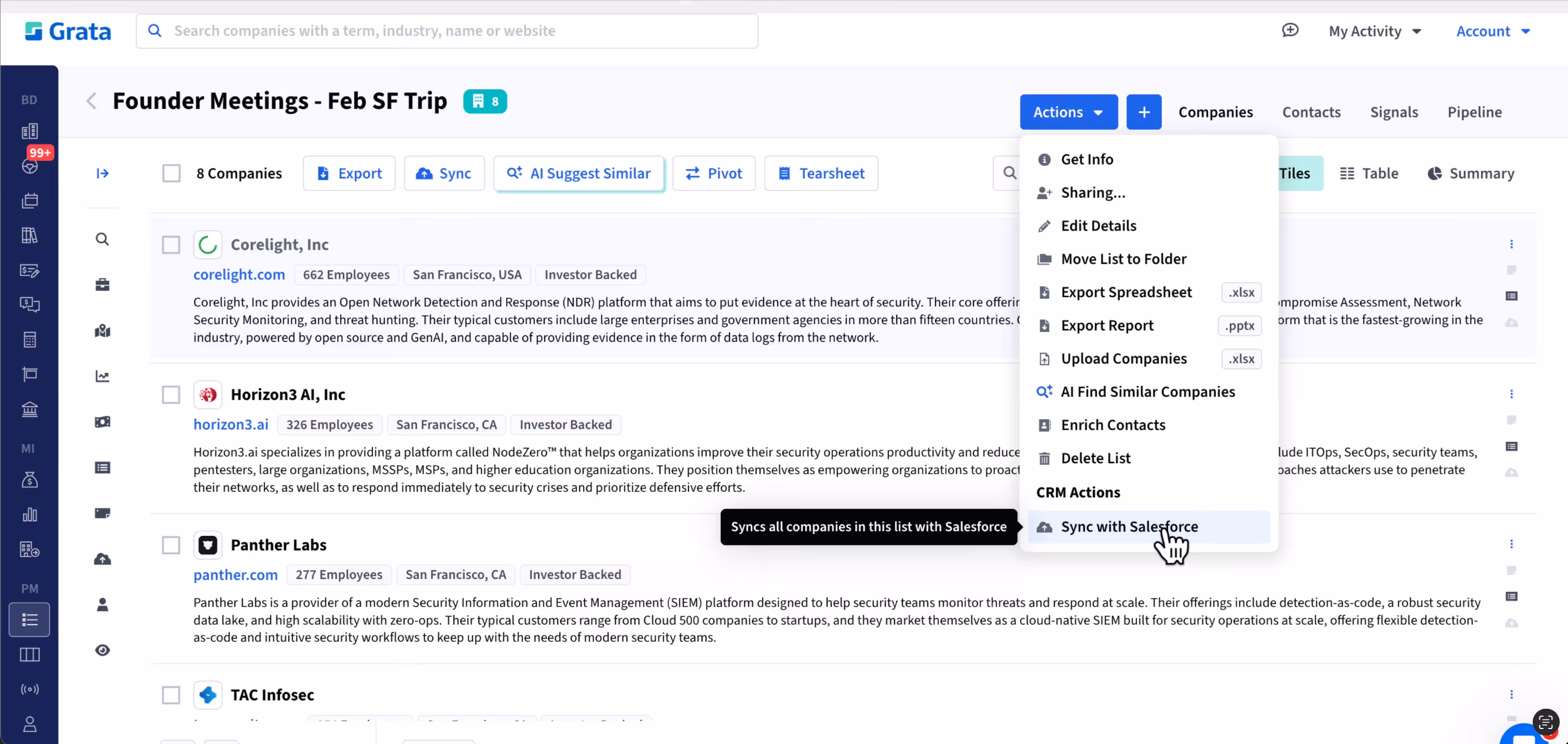 A screenshot of the Grata platform and a user-generated list of Founder Meetings for their February trip to San Francisco. The cursor hovers over a CRM Action to sync the list with Salesforce.