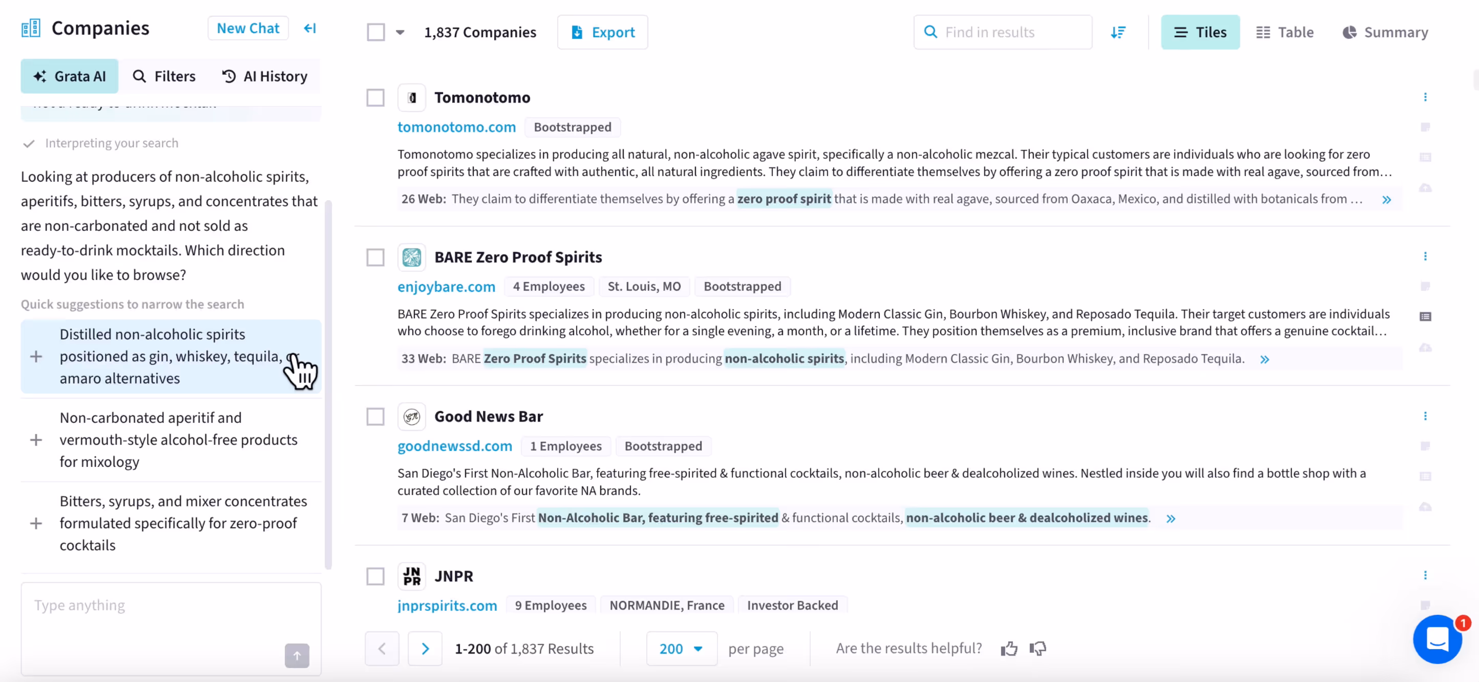 Horizontal screenshot from Grata's platform showcasing the next step in the non-alcoholic spirit search. The AI chat bot responds, "Looking at producers of non-alcoholic spirits, aperitifs, bitters, syrups, and concentrates that are non-carbonated and not sold as ready-to-drink mocktails. Which direction would you like to browse?" The quick suggestions are: Distilled non-alcoholic spirits positioned as gin, whiskey, tequila, or amaro alternatives; Non-carbonated aperitif and vermouth-style alcohol-free products for mixology; Bitters, syrups, and mixer concentrates formulated specifically for zero-proof cocktails. On the right side of the screen is a list of 1,800+ company suggestions.