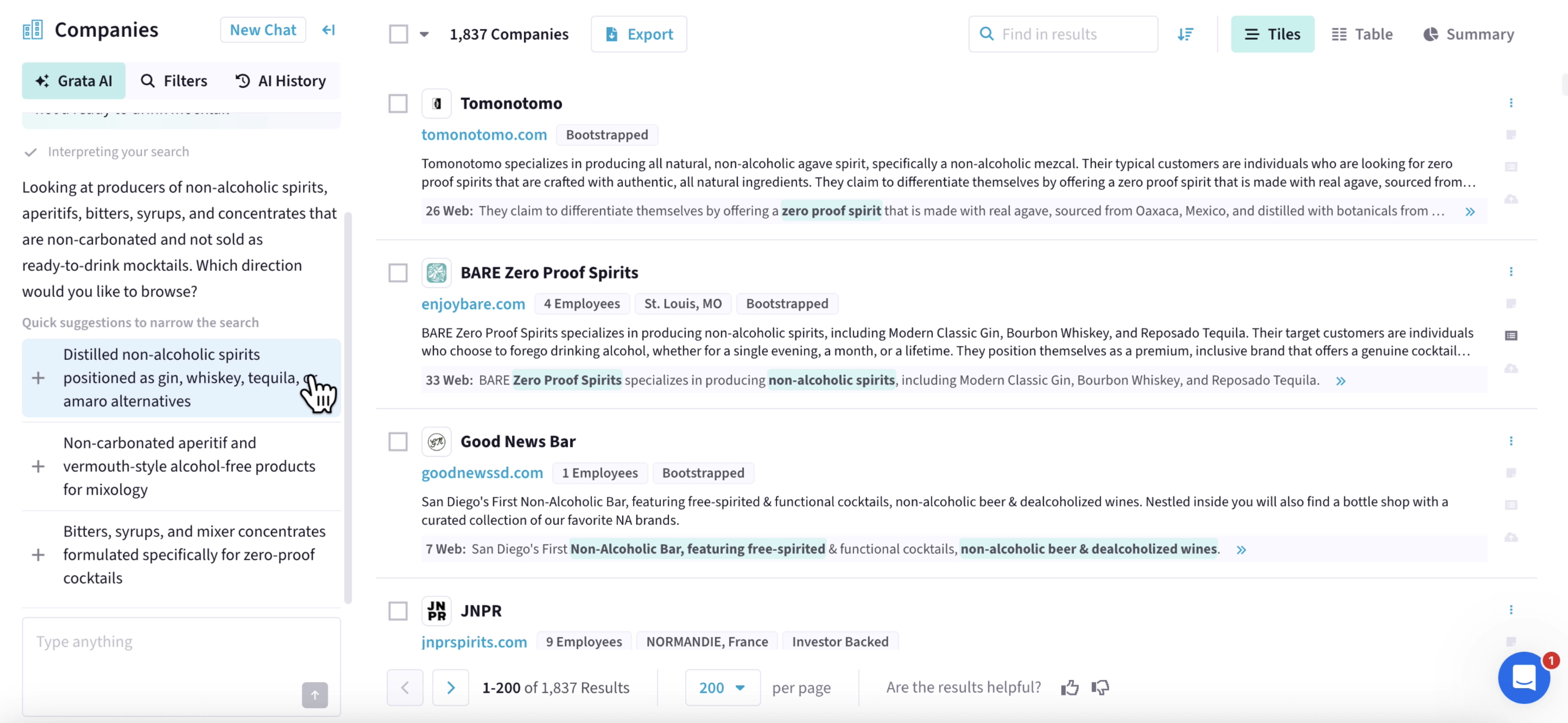 Horizontal screenshot from Grata's platform showcasing the next step in the non-alcoholic spirit search. The AI chat bot responds, "Looking at producers of non-alcoholic spirits, aperitifs, bitters, syrups, and concentrates that are non-carbonated and not sold as ready-to-drink mocktails. Which direction would you like to browse?" The quick suggestions are: Distilled non-alcoholic spirits positioned as gin, whiskey, tequila, or amaro alternatives; Non-carbonated aperitif and vermouth-style alcohol-free products for mixology; Bitters, syrups, and mixer concentrates formulated specifically for zero-proof cocktails. On the right side of the screen is a list of 1,800+ company suggestions.