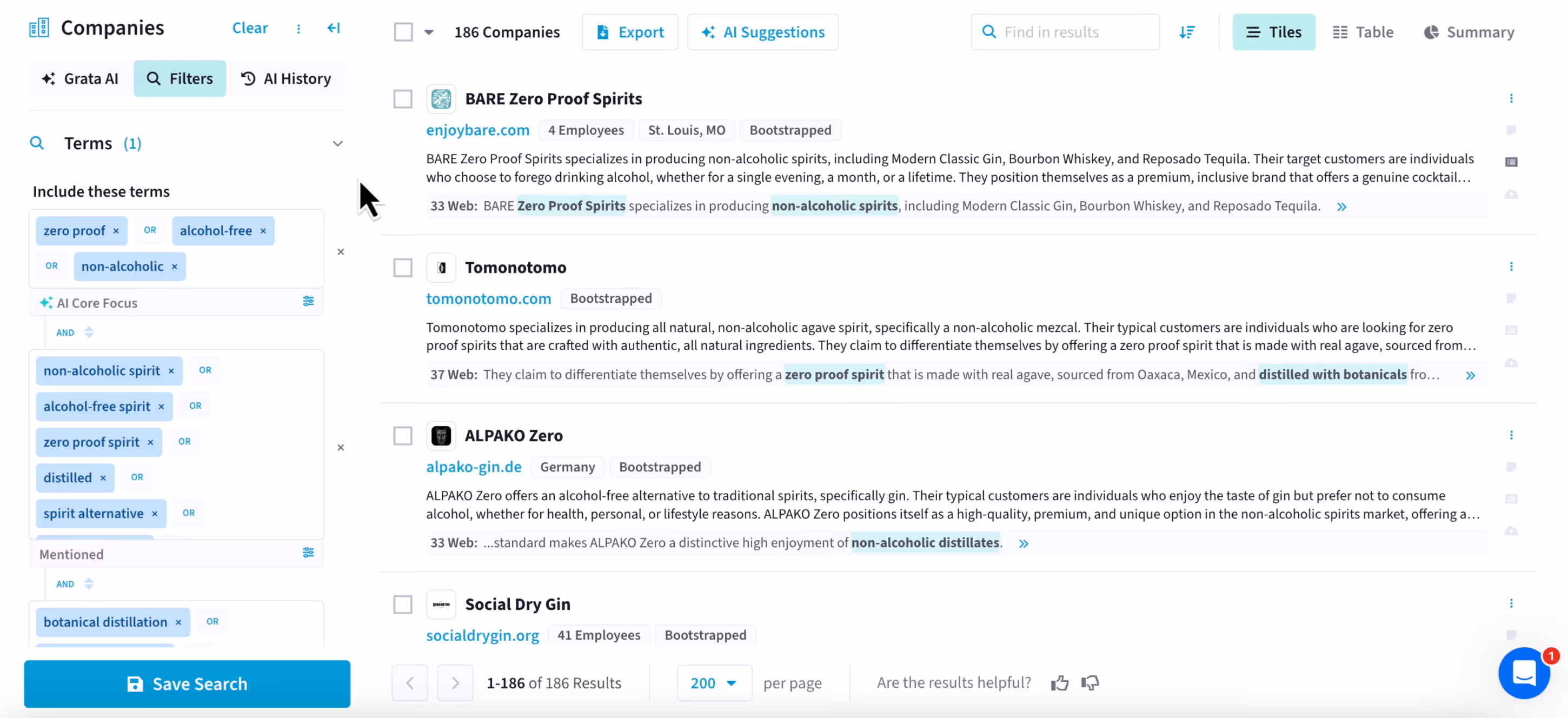 A screenshot of the Grata platform showing how the AI agent translates into filters. Under included terms is "zero proof" or "alcohol-free" or "non-alcoholic." Additional included terms are non-alcoholic spirit, alcohol-free spirit, zero proof spirit, distilled, spirit alternative, etc.