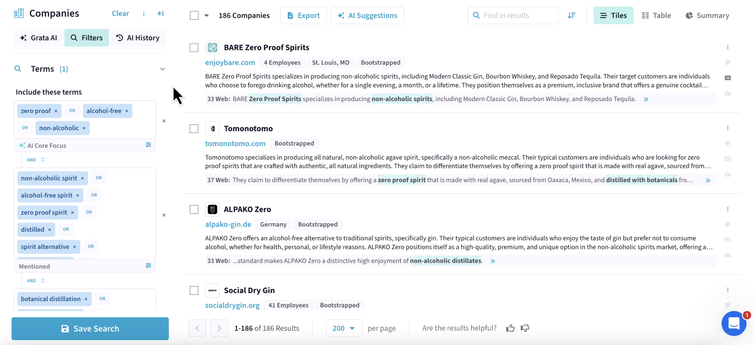 A screenshot of the Grata platform showing how the AI agent translates into filters. Under included terms is "zero proof" or "alcohol-free" or "non-alcoholic." Additional included terms are non-alcoholic spirit, alcohol-free spirit, zero proof spirit, distilled, spirit alternative, etc.