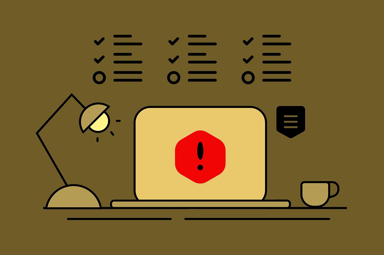 2D illustration of a desk, complete with lamp, mug, laptop, and checklist on the wall. The laptop screen shows a red alert with a black exclamation point, signaling the importance of due diligence.