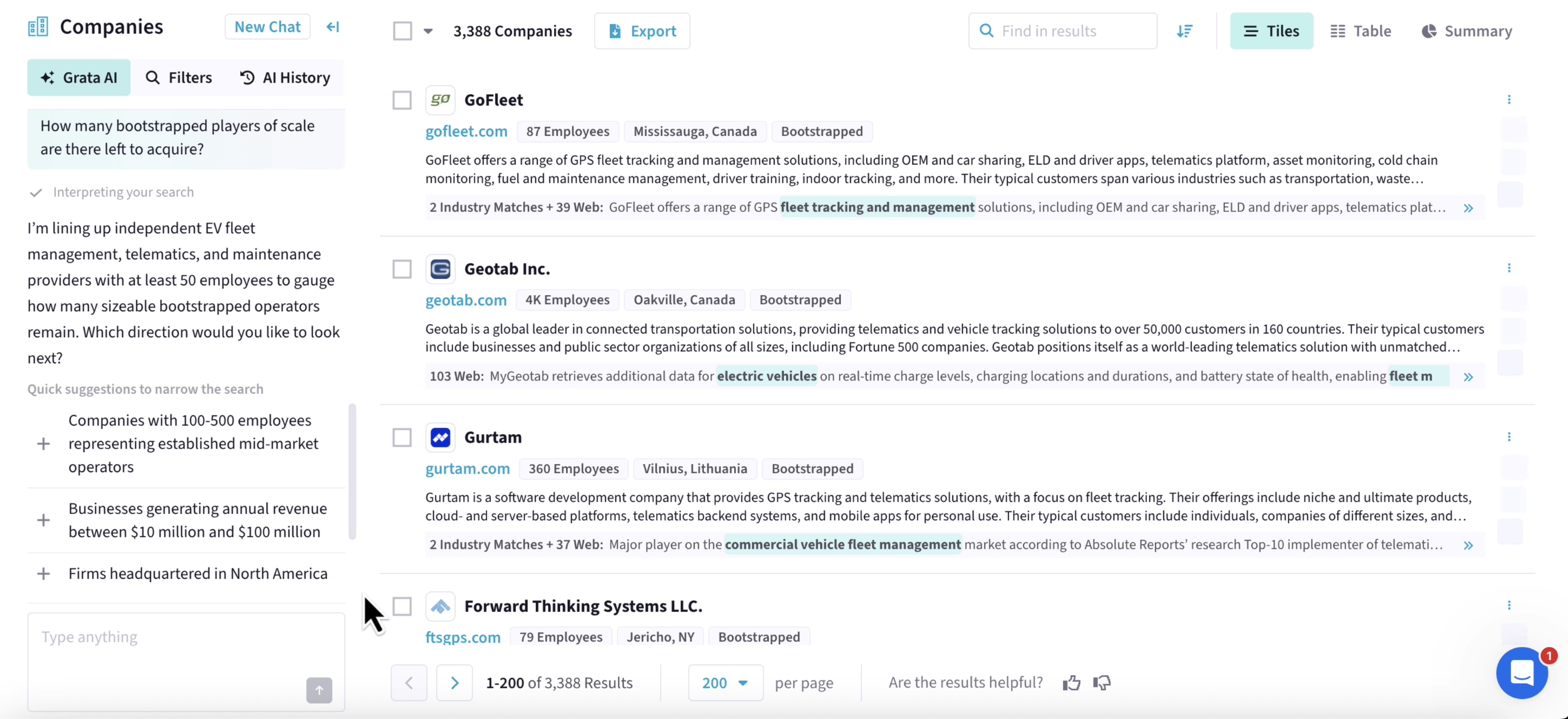 A horizontal screenshot showcasing the Grata platform and Grata Agentic Search. In the chat box (left), the user asks, "How many bootstrapped players of scale are there left to acquire?" The agent responds, "I'm lining up independent EV fleet management, telematics, and maintenance providers with at least 50 employees to gauge how many sizeable bootstrapped operators remain. Which direction would you like to look next?" followed by quick suggestions to narrow the search: companies with 100-500 employees representing established mid-market operators; businesses generating annual revenue between $10 million and $100 million; firms headquartered in North America. Grata has returned 3,000+ companies (right) based on this search.