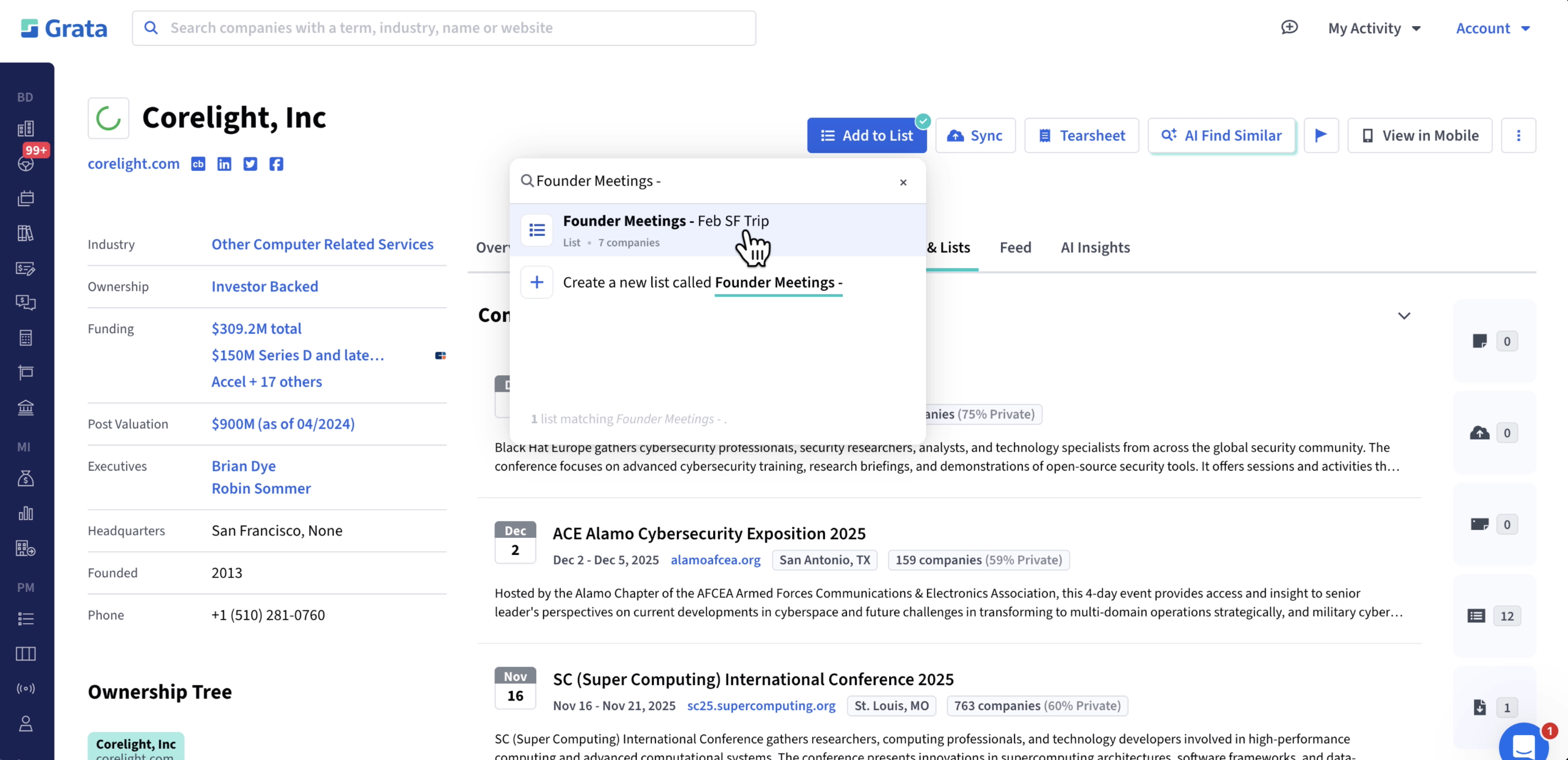 A screenshot of Corelight, Inc's company profile in the Grata platform showcasing the business development workflow. The user is creating a list of Founder Meetings within the Grata platform.