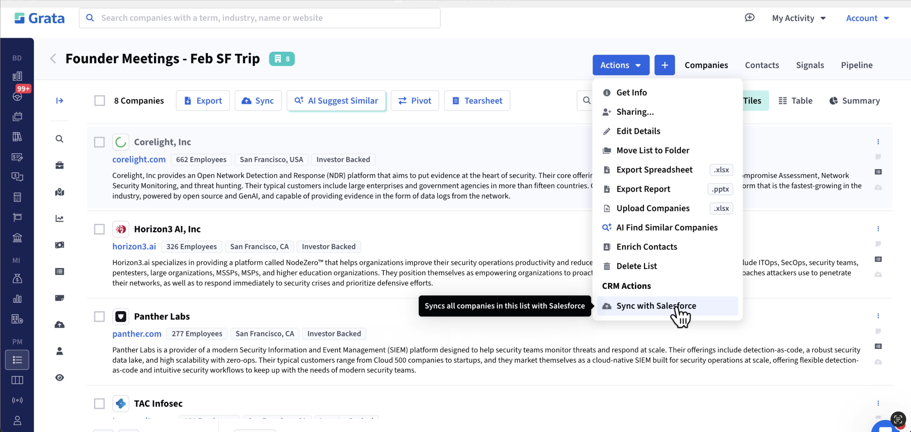 A screenshot of the Grata platform and a user-generated list of Founder Meetings for their February trip to San Francisco. The cursor hovers over a CRM Action to sync the list with Salesforce.