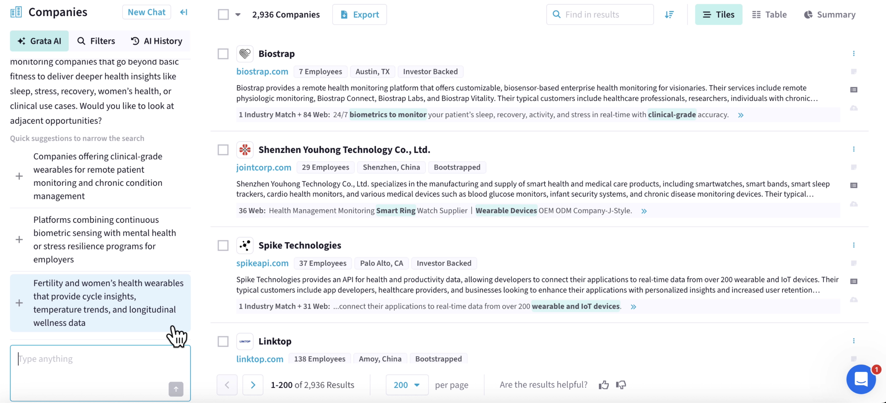 A screenshot from the Grata platform showcasing the newest feature: Agentic Search. On the left side, Grata's AI offers quick suggestions: Companies offering clinical-grade wearables for remote patient monitoring and chronic condition management; Platforms combining continuous biometric sensing with mental health or stress resilience programs for employers; Fertility and women's health wearables that provide cycle insights, temperature trends, and longitudinal wellness data. On the right side is a list of more than 2,500 relevant companies.