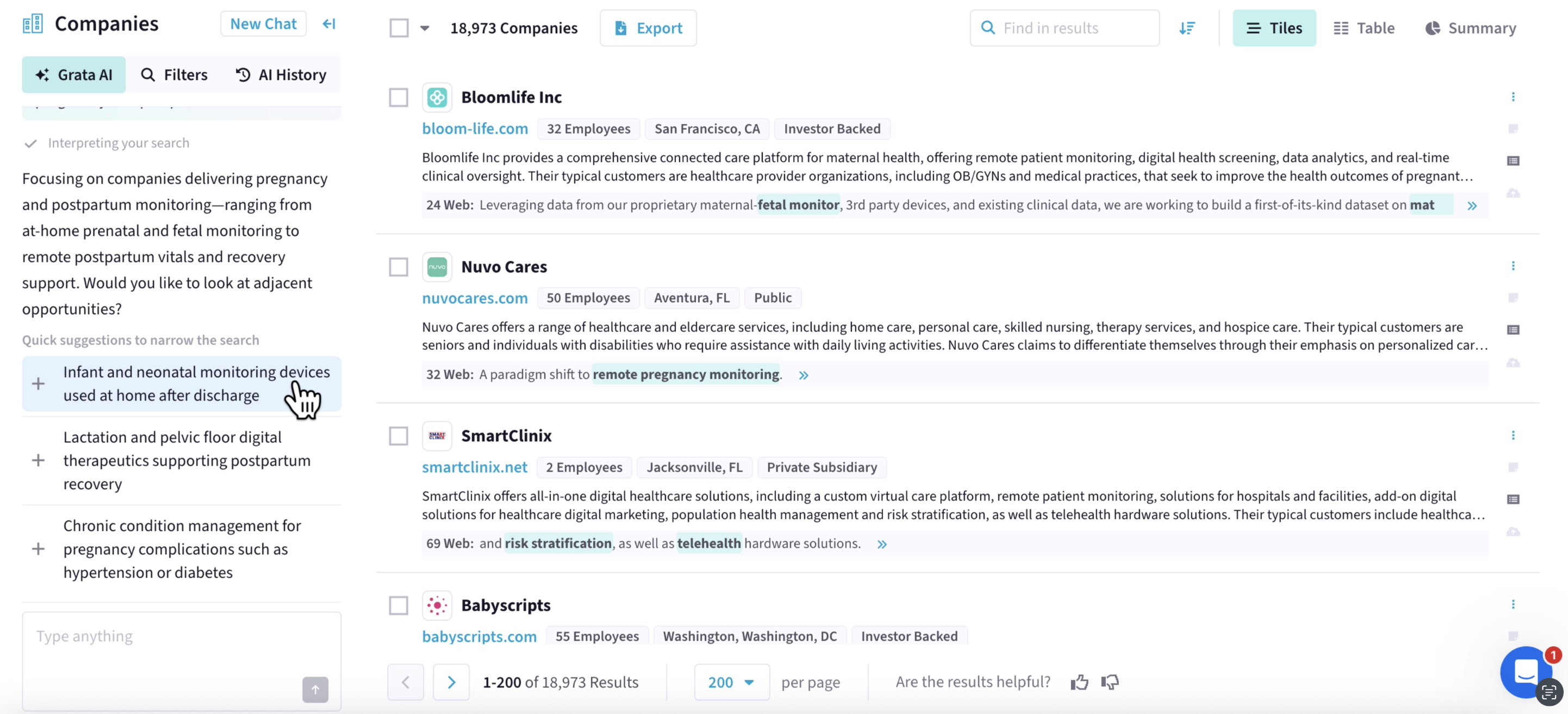 A screenshot of the Grata platform. In the chat box, the AI agent says, "Focusing on companies delivering pregnancy and postpartum monitoring -- ranging from at-home prenatal and fetal monitoring to remote postpartum vitals and recovery support. Would you like to look at adjacent opportunities?" The agent offers quick suggestions: Infant and neonatal monitoring devices used at home after discharge; Lactation and pelvic floor digital therapeutics supporting postpartum recovery; Chronic condition management for pregnancy complications such as hypertension or diabetes." On the right side of the screen, nearly 19,000 companies are returned in the search.