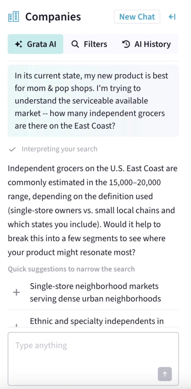 A vertical screenshot of Grata's Agentic Search feature. The user asks the agent, "In its current state, my new product is best for mom & pop shops. I'm trying to understand the serviceable available market -- how many independent grocers are there on the East Coast?" After interpreting the search, the agent responds, "Independent grocers on the U.S. East Coast are commonly estimated in the 15,000-20,000 range, depending on the definition used (single-store owners vs. small local chains and which states you include). Would it help to break this into a few segments and see where your product might resonate most?" The agent offers quick suggestions, including "Single-store neighborhood markets serving dense urban neighborhoods."