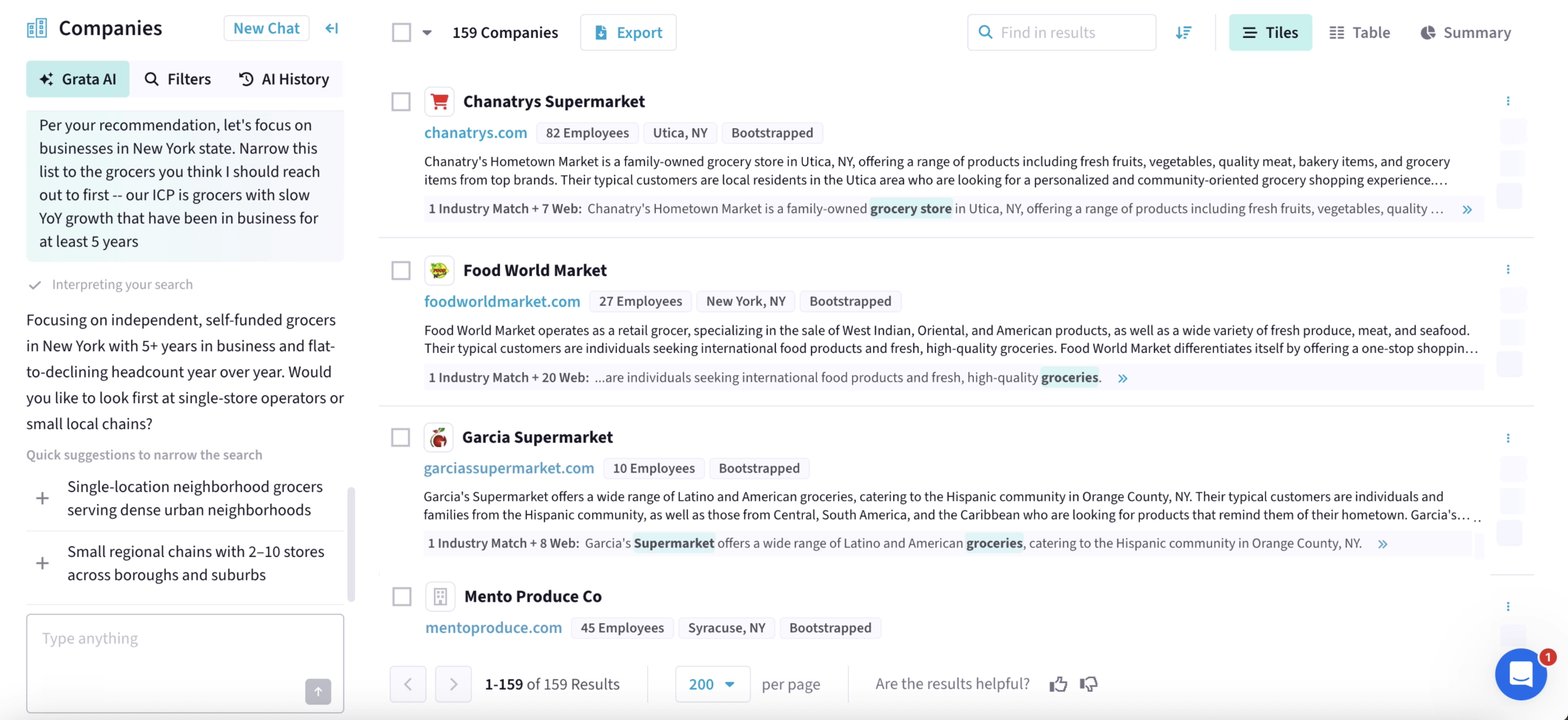 A horizontal screenshot of Grata's Agentic Search feature. In the chat box (left), the user inputs, "Per your recommendation, let's focus on businesses in New York state. Narrow this list to the grocers you think I should reach out to first -- our ICP is grocers with slow YoY growth that have been in business for at least 5 years." Grata's agent responds, "Focusing on independent, self-funded grocers in New York with 5+ years in business and flat-to-declining headcount year over year. Would you like to look first at single-store operators or small local chains?" The agent offers the following quick suggestions: Single-location neighborhood grocers serving dense urban neighborhoods; Small regional chains with 2-10 stores across boroughs and suburbs. Grata returns a list (right) of more than 150 relevant companies.