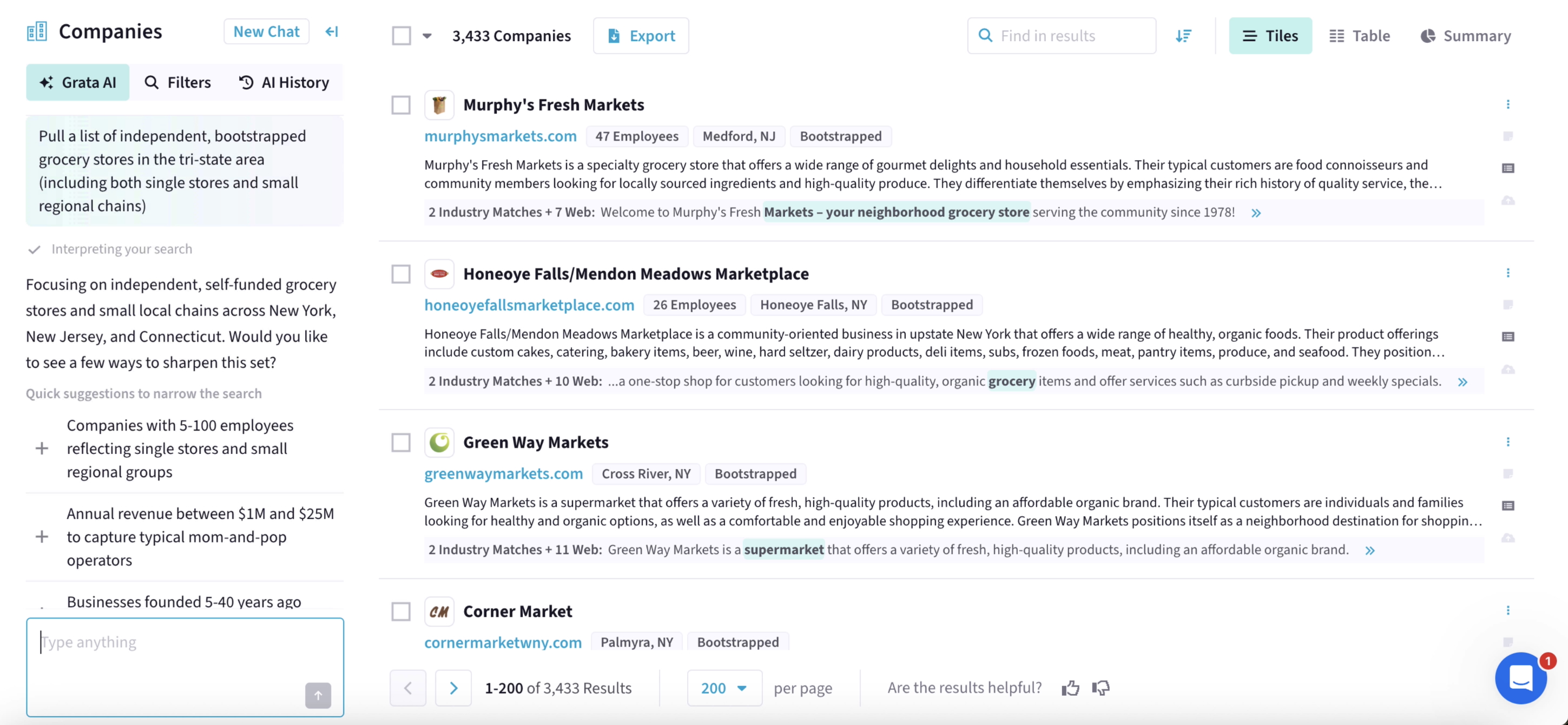 A horizontal screenshot of Grata's Agentic AI feature. In the chat box (left), user inputs, "Pull a list of independent, bootstrapped grocery stores in the tri-state area (including both single stores and small regional chains." After interpreting the search, the agent responds, "Focusing on independent, self-funded grocery stores and small local chains across New York, New Jersey, and Connecticut. Would you like to see a few ways to sharpen this set?" The agent presents the following quick suggestions to narrow the search: Companies with 5-100 employees reflecting single stores and small regional groups; annual revenue between $1M and $25M to capture typical mom-and-pop operators." Grata returns a search of more than 3,000 companies (right).