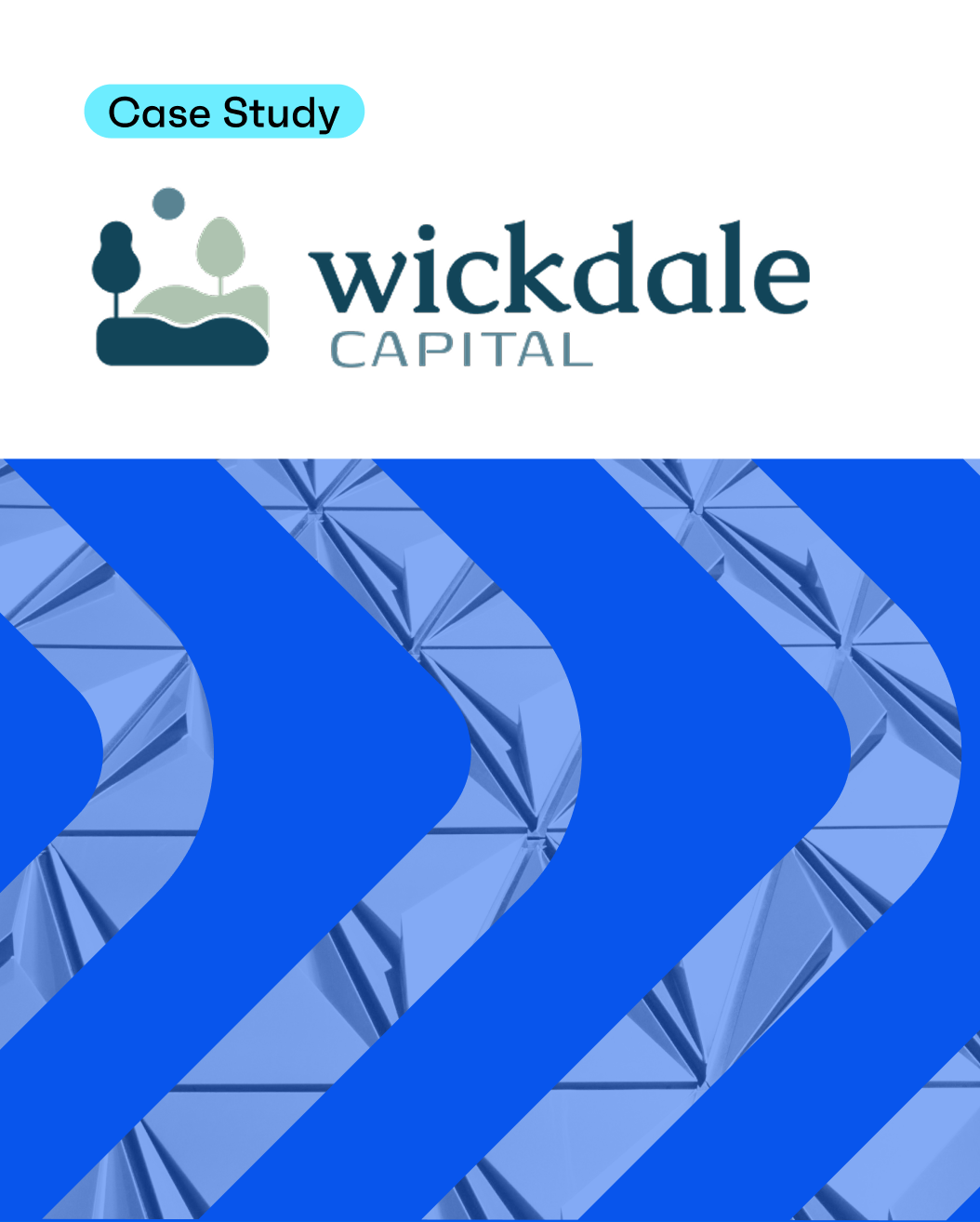 Wickdale Capital case study thumbnail featuring the company logo on a white background above a bold blue graphic with repeating diagonal chevron patterns