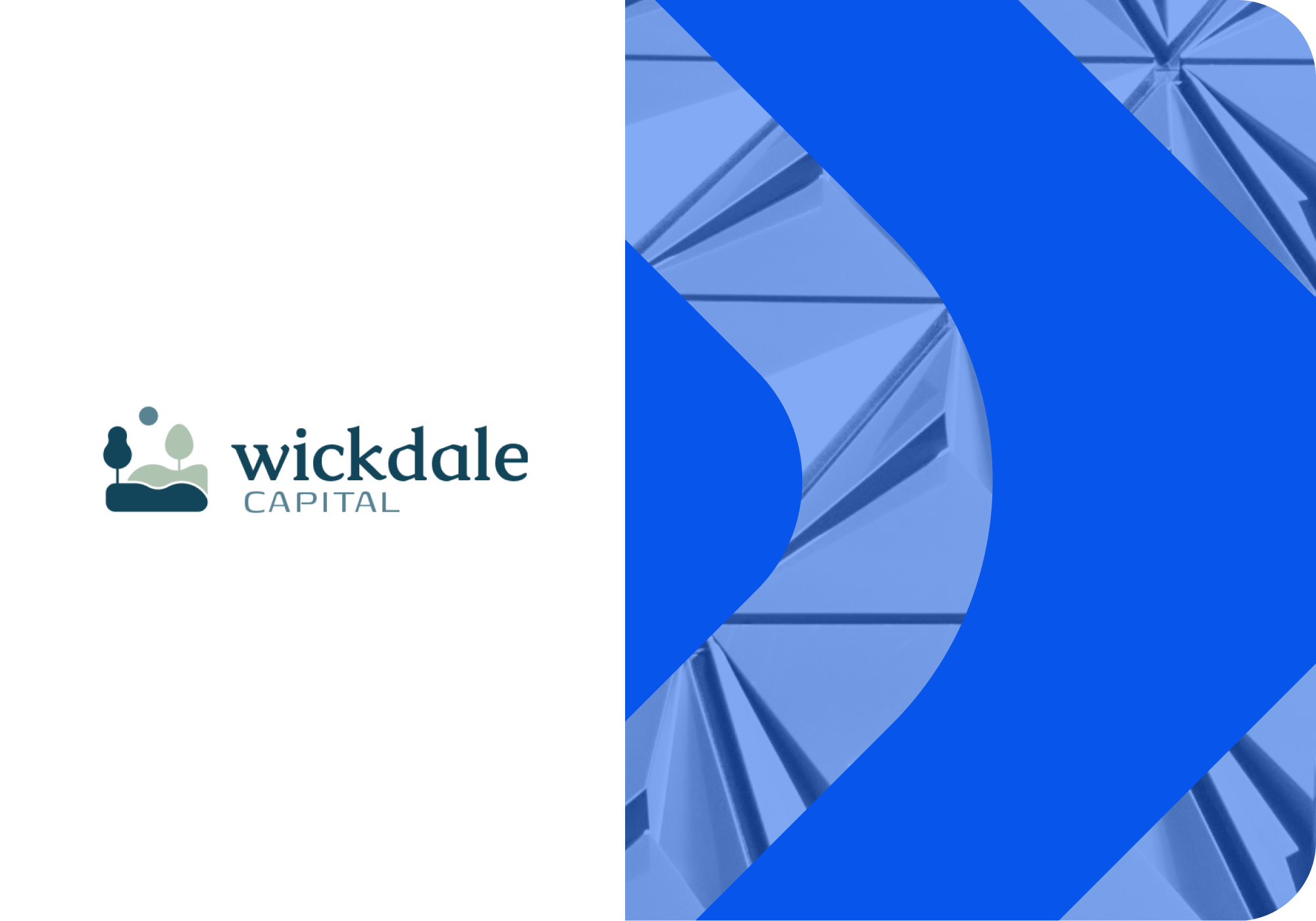 Wickdale Capital logo on a white background beside a blue abstract architectural graphic featuring diagonal chevron patterns