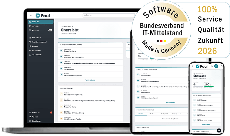 Die responsive QM Software Paul ist auf allen Endgeräten nutzbar und wurde geprüft und zertifiziert vom Bundesverband IT-Mittelstand - made in Germany.