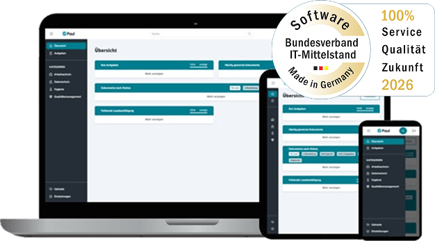 Die responsive QM Software Paul ist auf allen Endgeräten nutzbar und wurde geprüft und zertifiziert vom Bundesverband IT-Mittelstand - made in Germany.