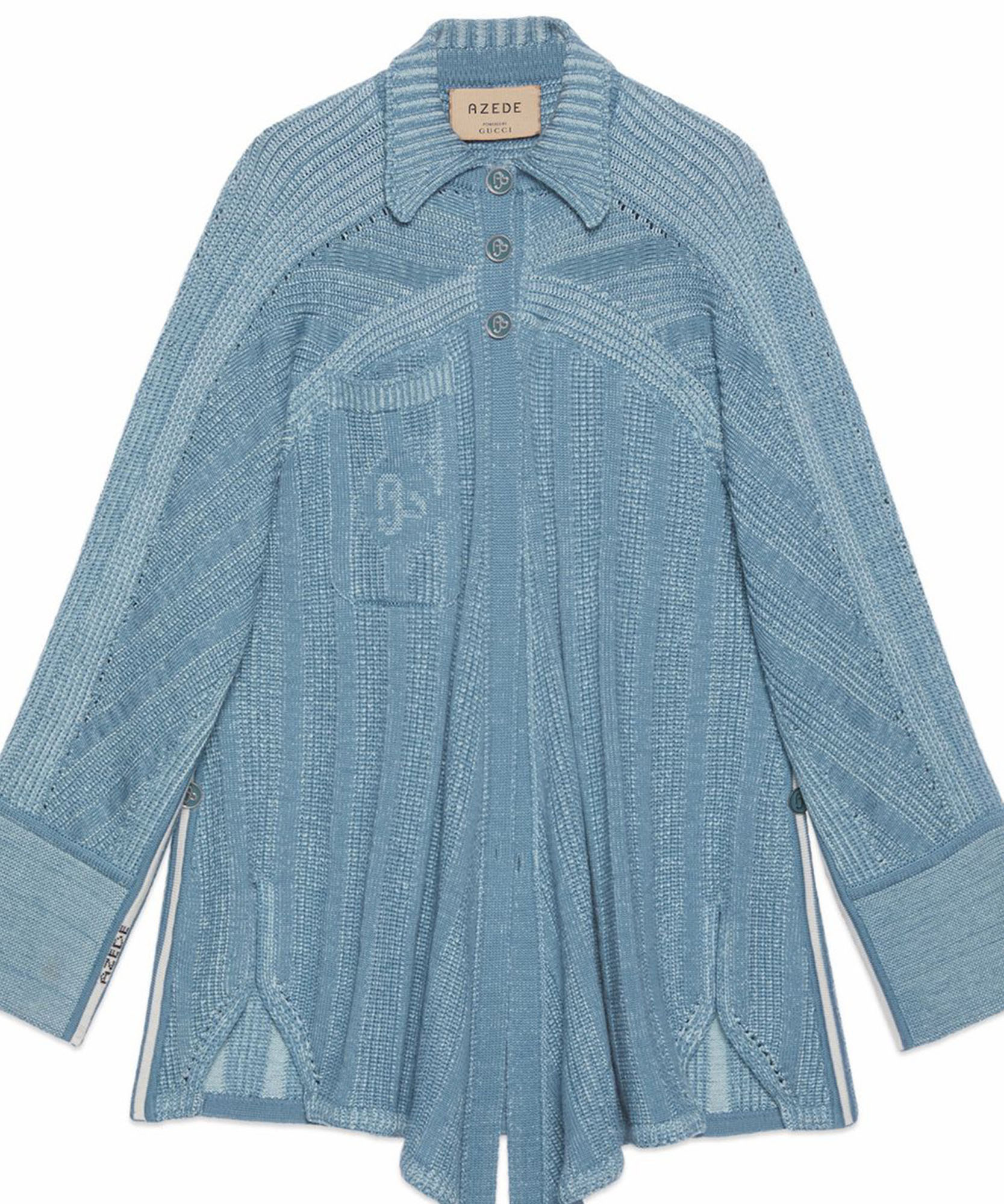 a photo of a blue sweater with the azede logo on the tag