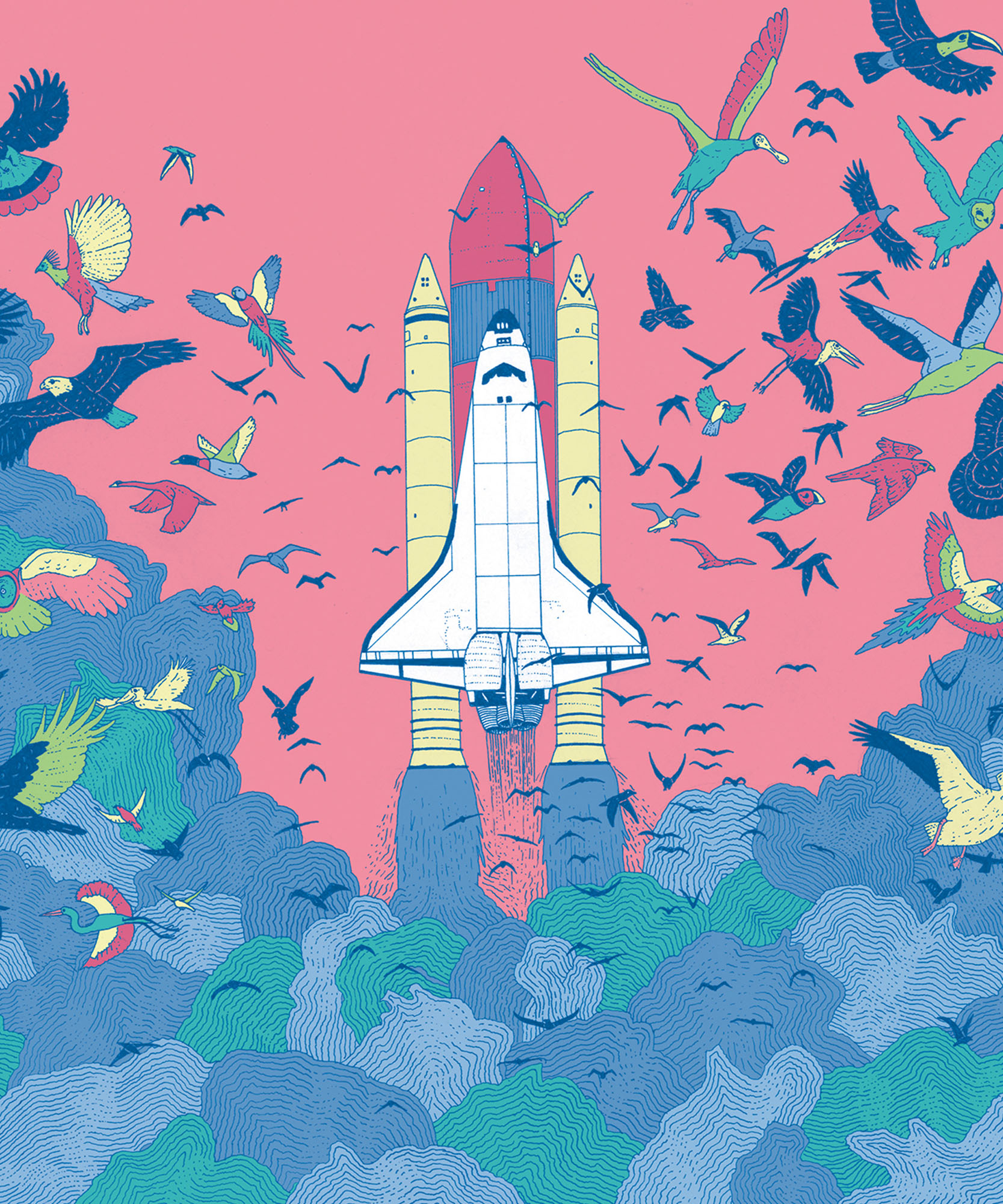 a colorful illustration of a spaceship taking off and many different birds flying away