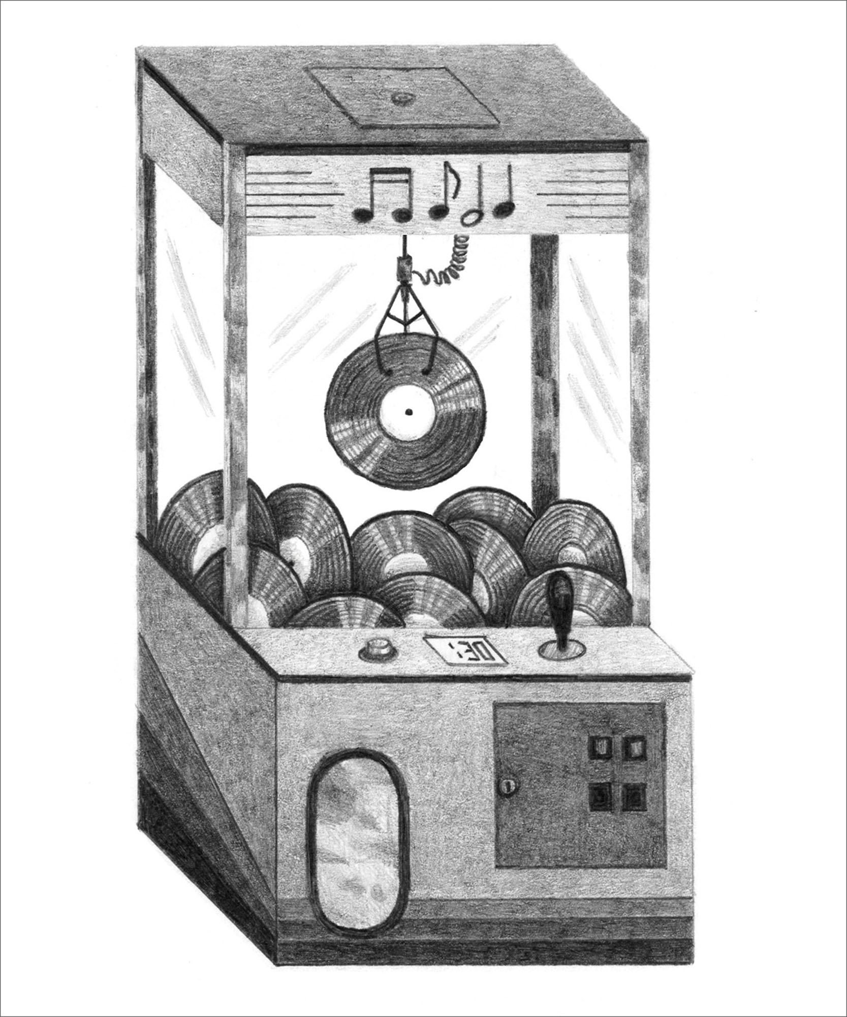 a black and white illustration of a vinyl being selected out of a vending machine 