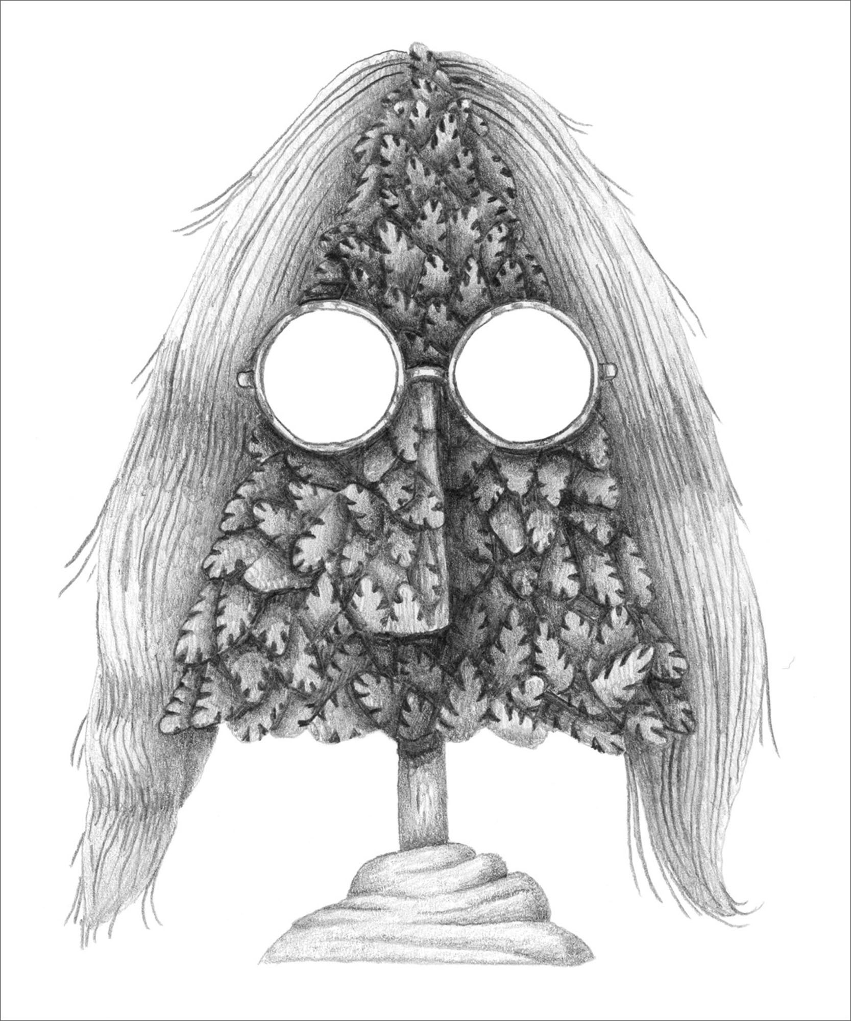 a black and white illustration of a man made up of leaves with long hair and glasses 