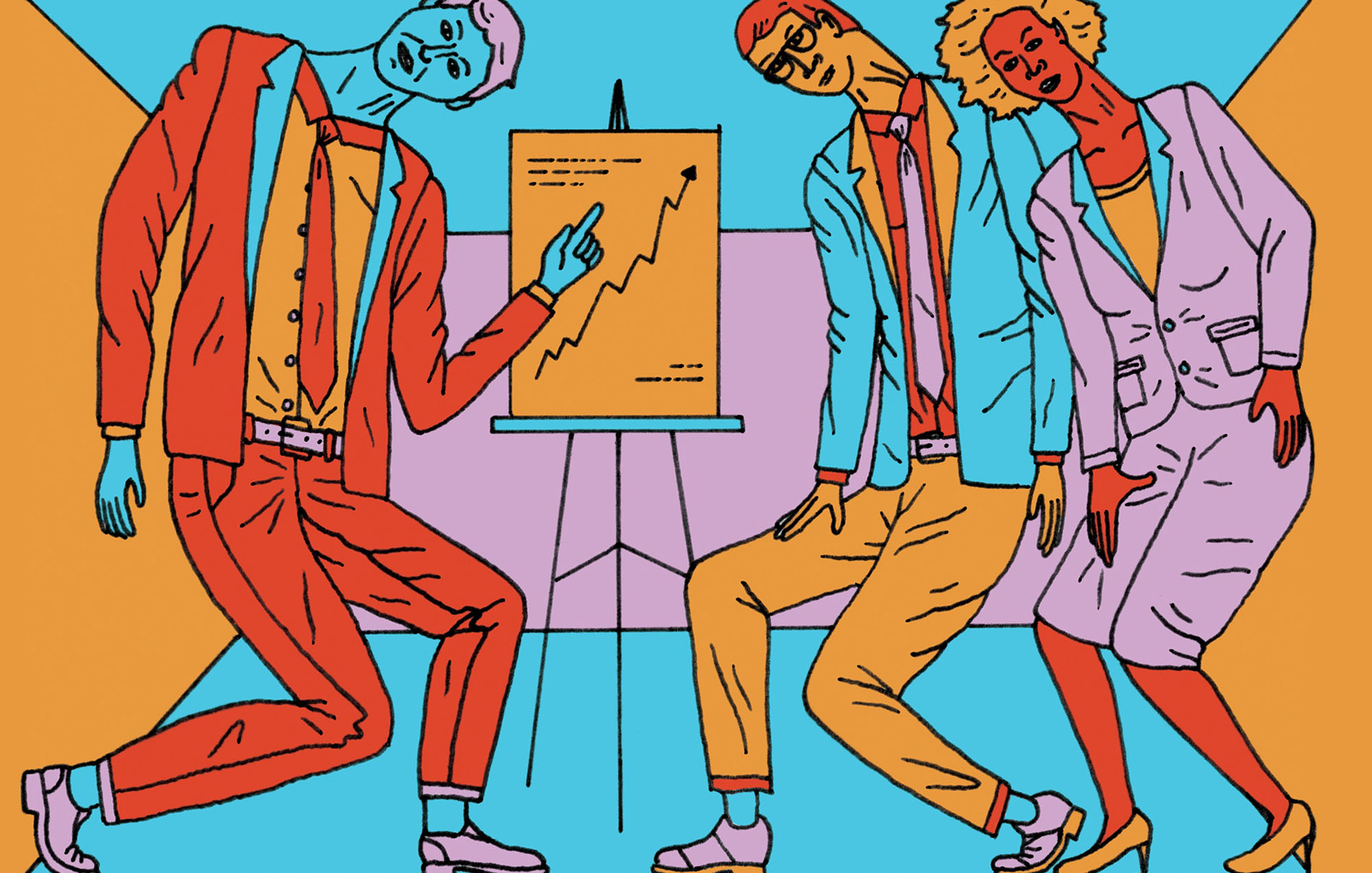 a colorful illustration of two businessman and a businesswomen in a room they cannot stand up in looking at graph 
