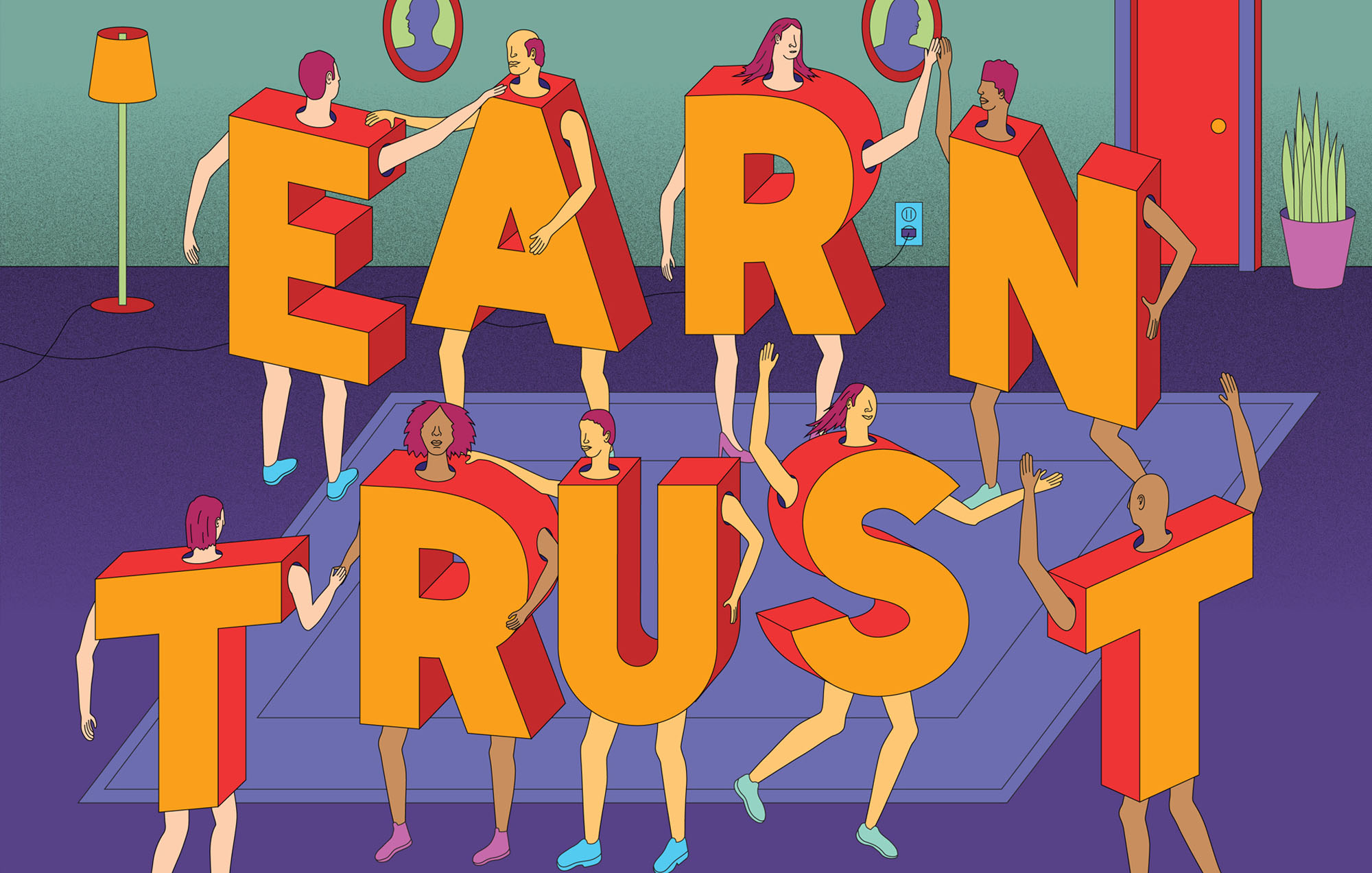illustration of a custom party with people dressed as letters and they collectively spell out earn trust