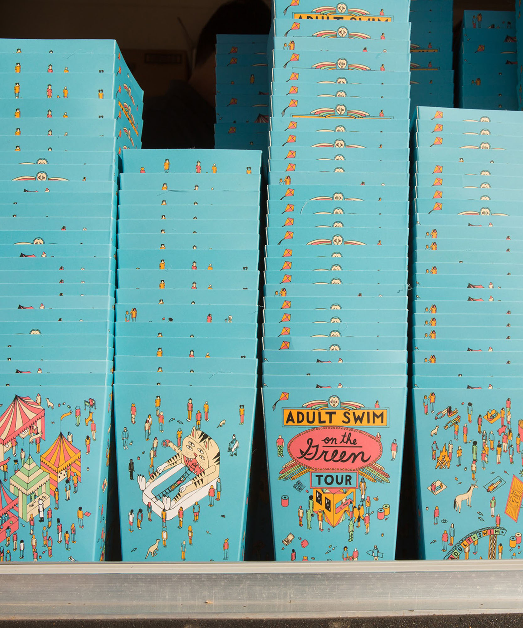 up close view of adult swim logos on many popcorn boxes