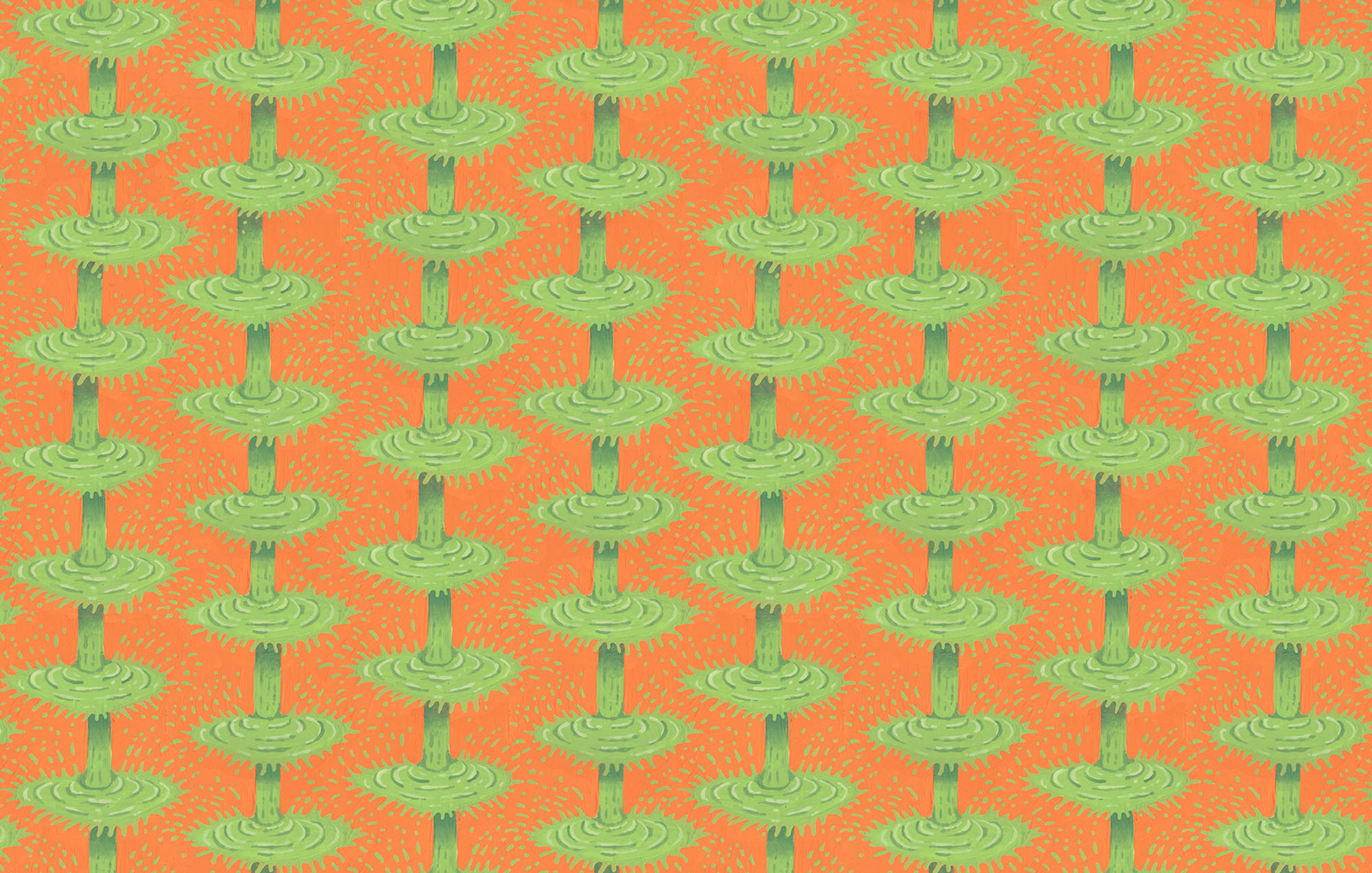 a patterned orange and green illustration of slim poring into each other repeatedly