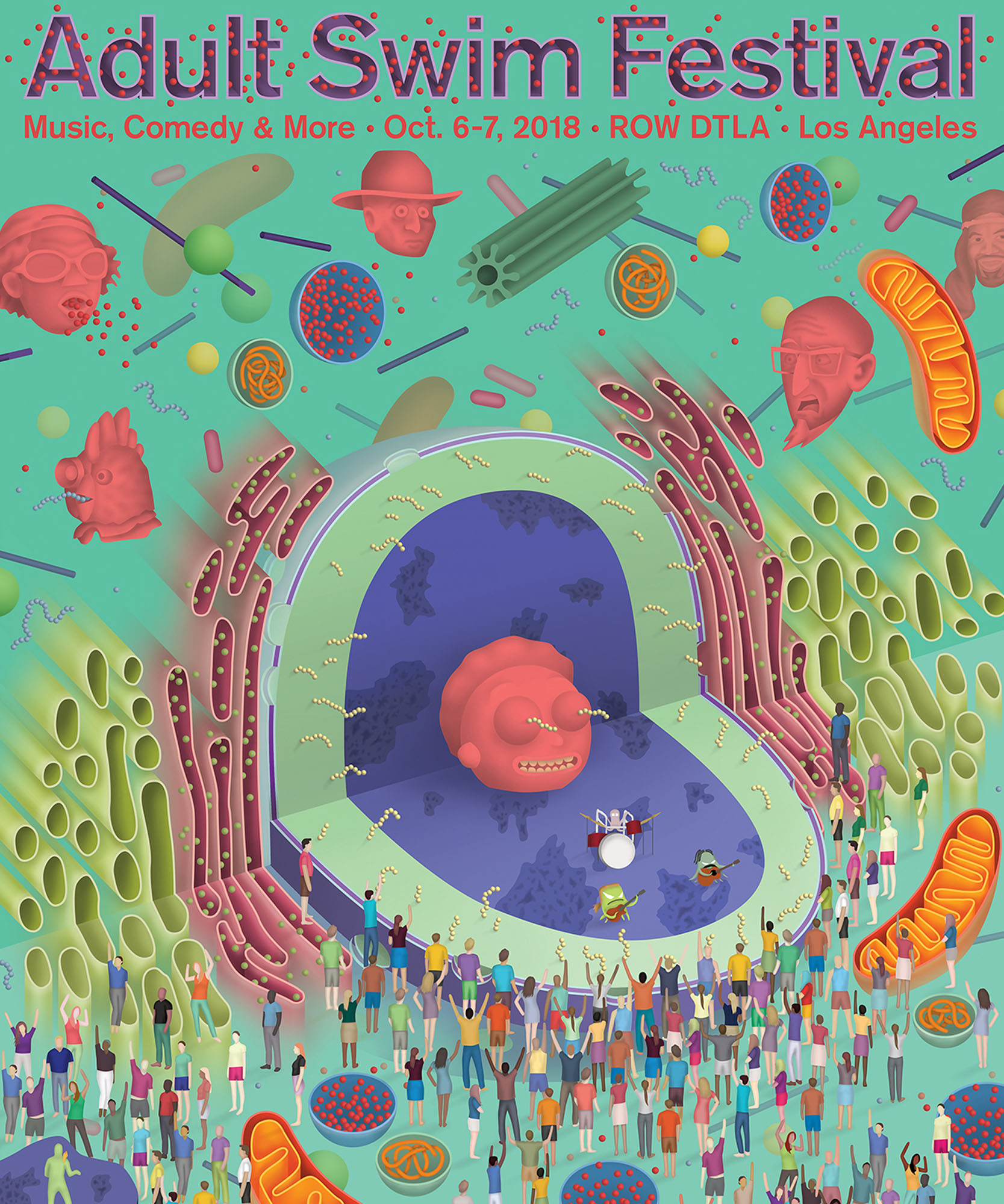 adult swim festival ad with adult swim logo with illustrations of floating cells and people in front of the stage with a green background