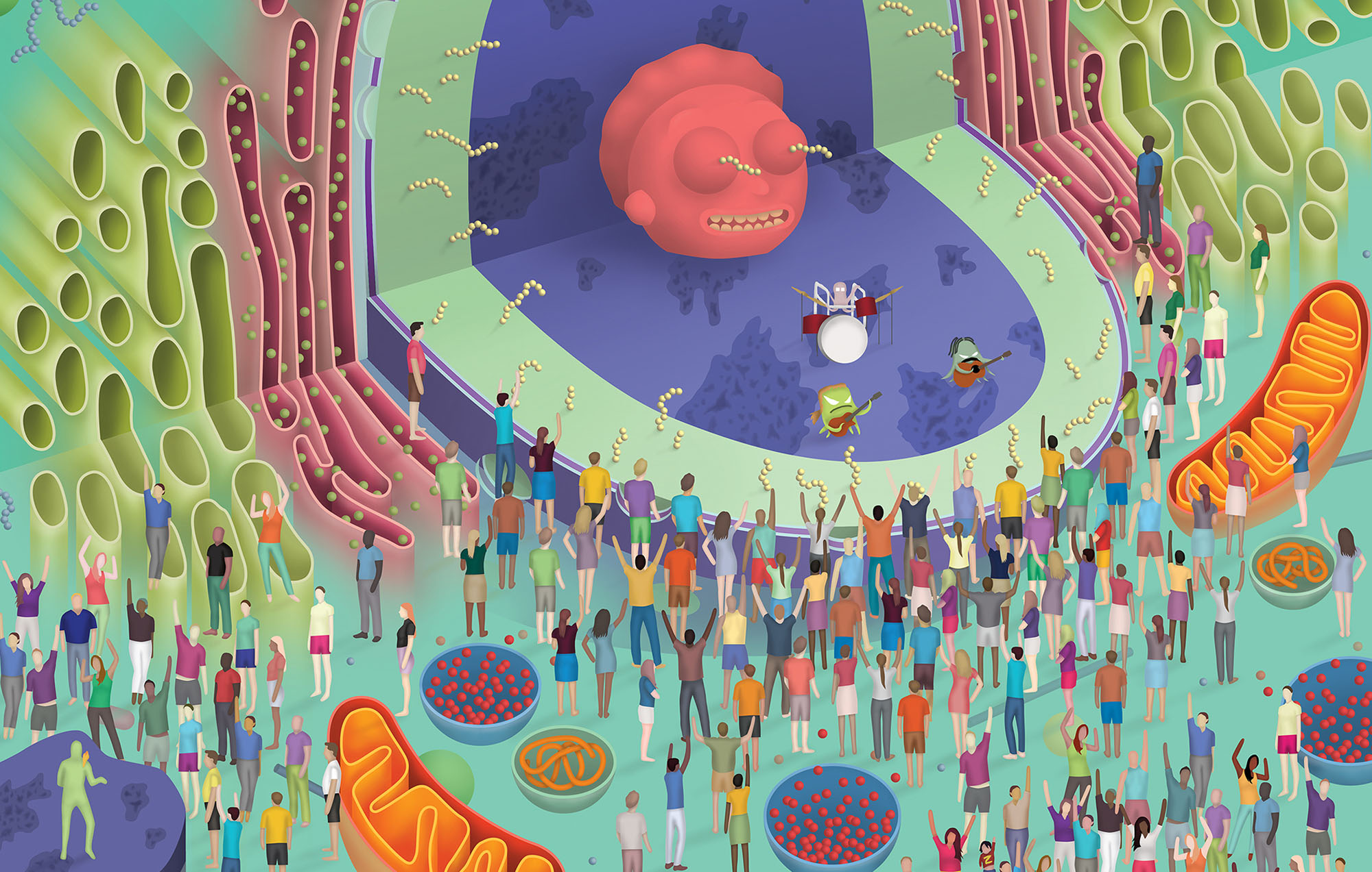 adult swim festival ad with adult swim logo with illustrations of floating cells and people in front of the stage with a green background and monster band performing