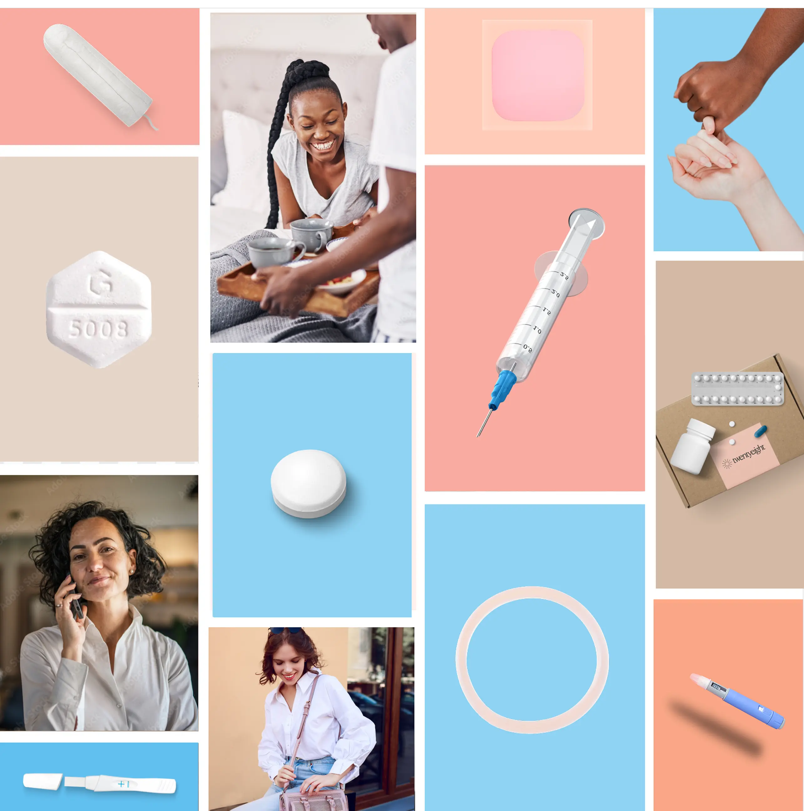 Collage of birth control brands and medications delivered by Twentyeight Health