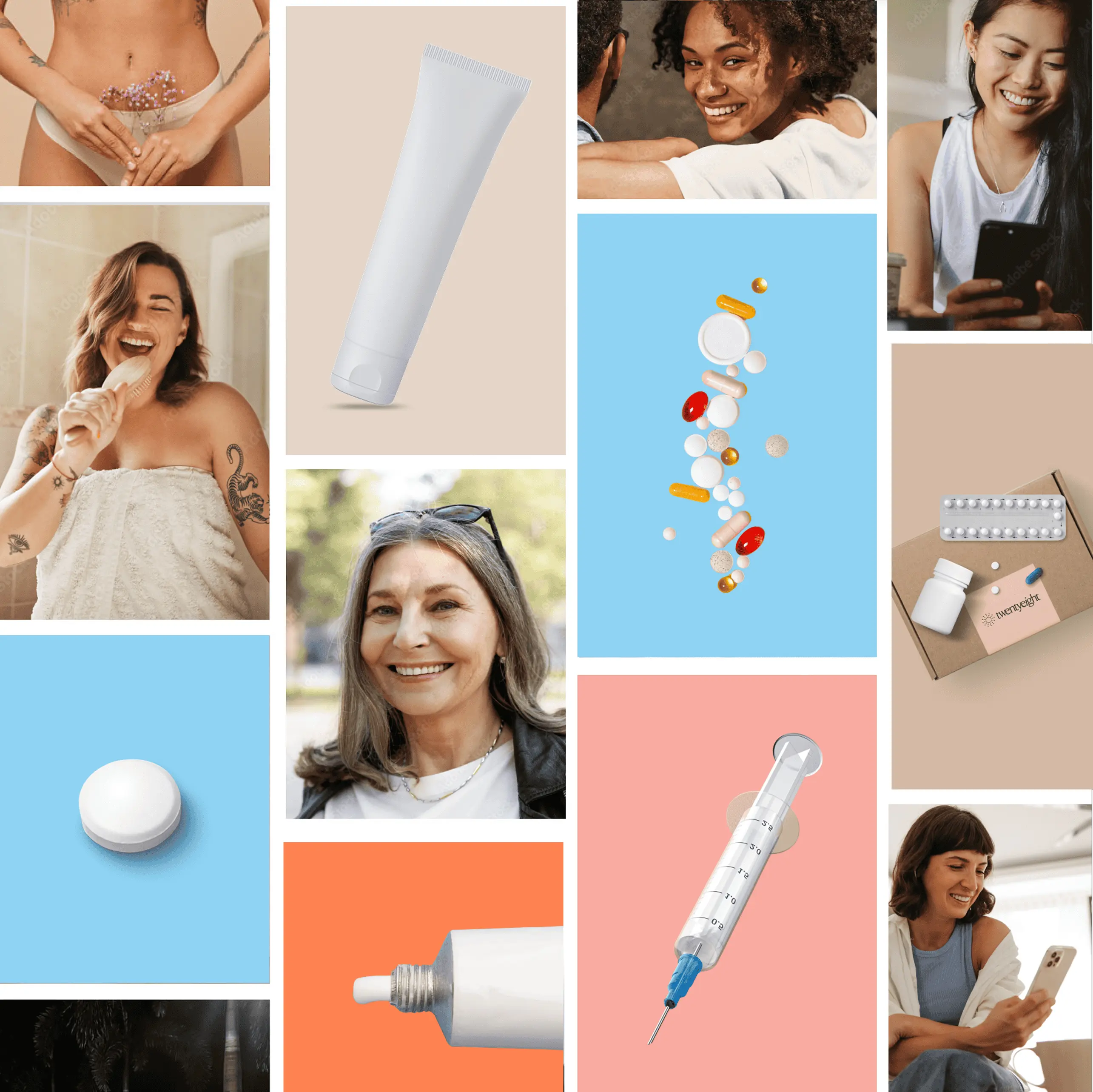 Collage of women using Twentyeight Health alongside birth control pills, patch, ring, shot and skincare