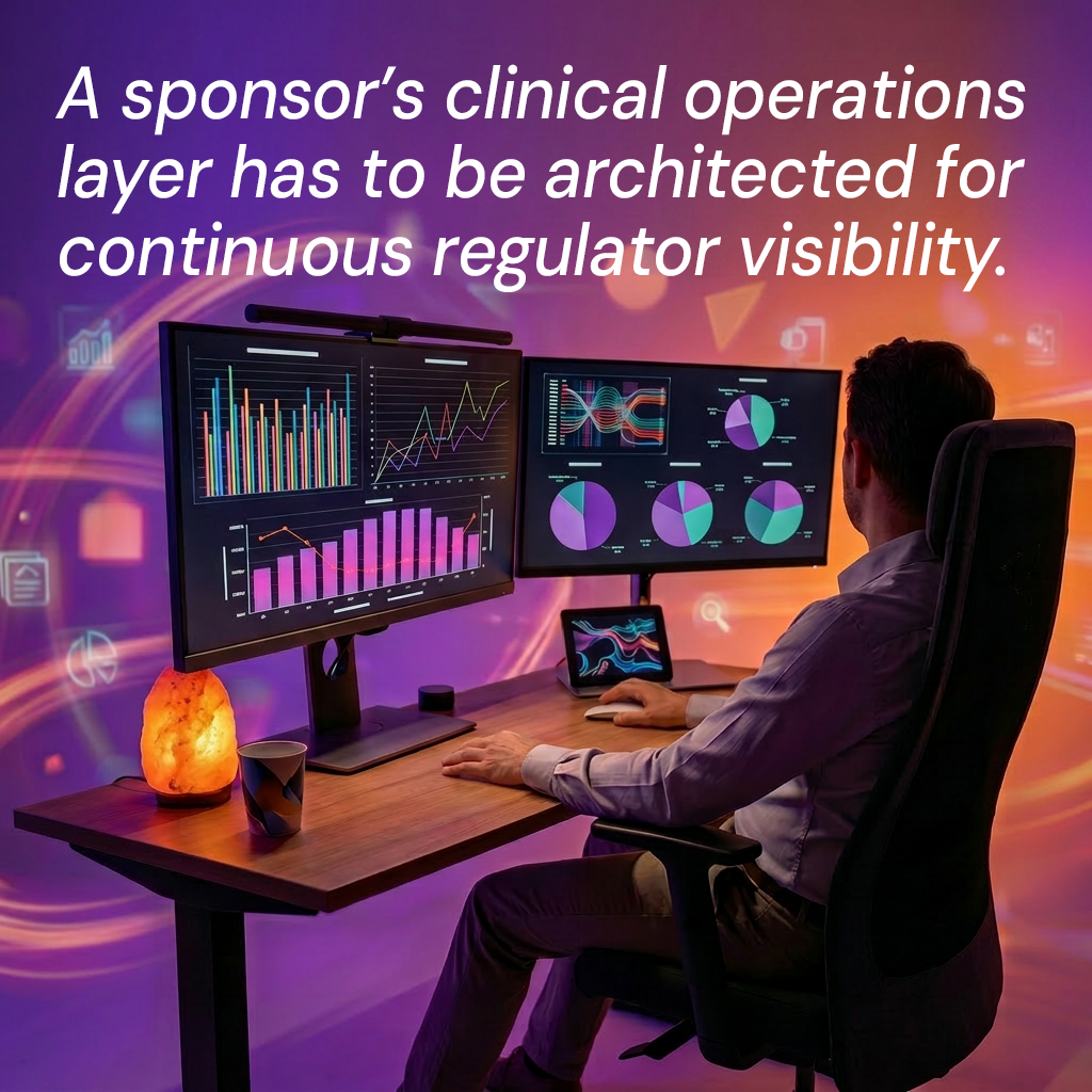 A clinical operations professional reviewing real-time trial data on multiple screens in a modern biotech environment.