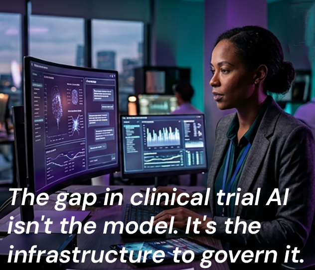 Clinical operations professional reviewing AI-assisted workflow documentation in a regulated clinical trial environment.