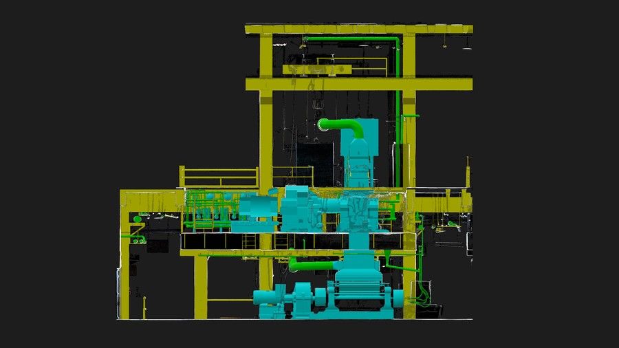 Corte transversal de modelo 3D as-built de planta industrial generado con escaneo láser 3D — Scan-to-BIM Juárez Thompson 3D