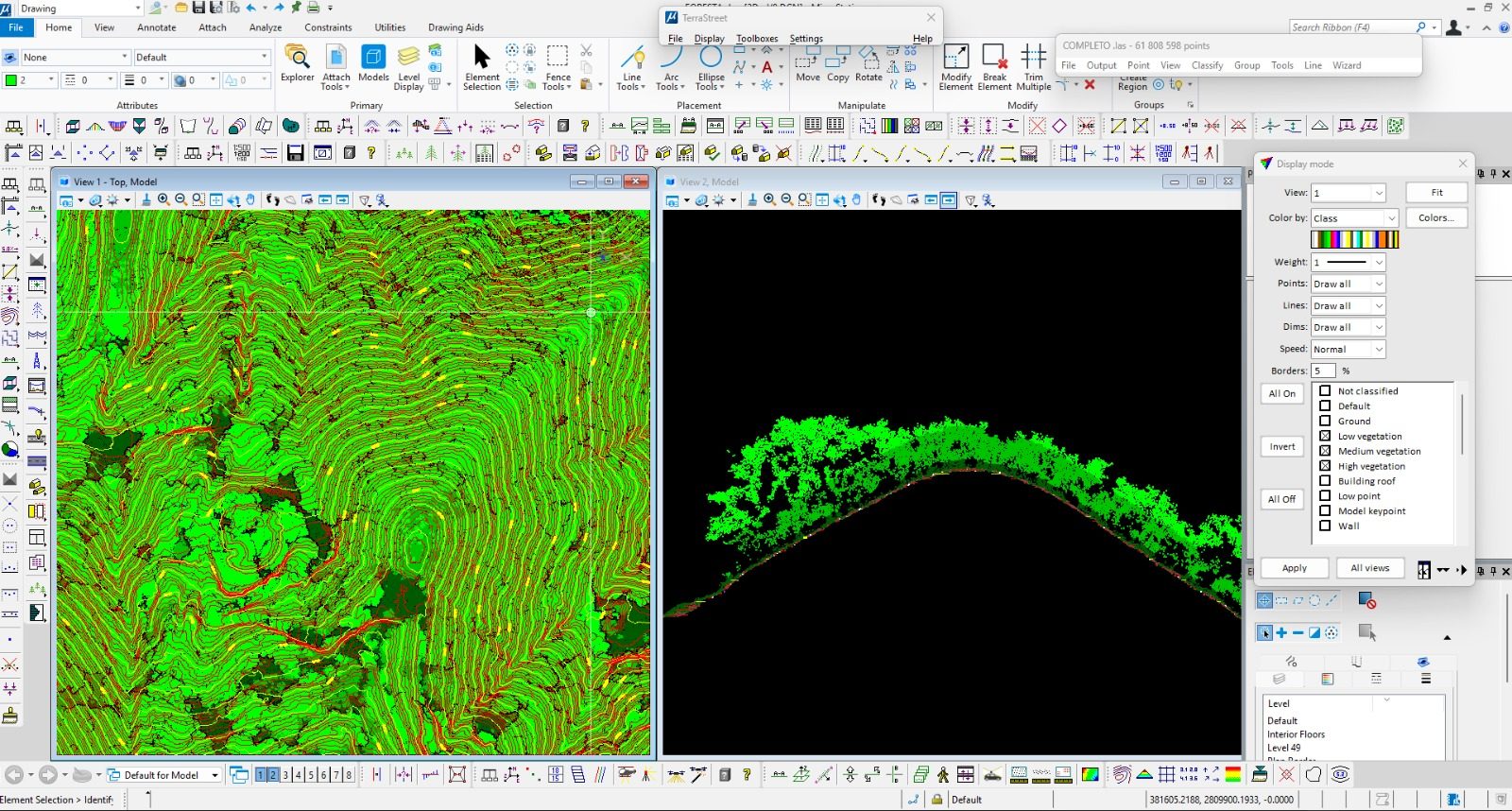 Nube de puntos LiDAR clasificada por tipo de vegetación con sección transversal del terreno natural — vuelo LiDAR con dron de Juárez Thompson 3D