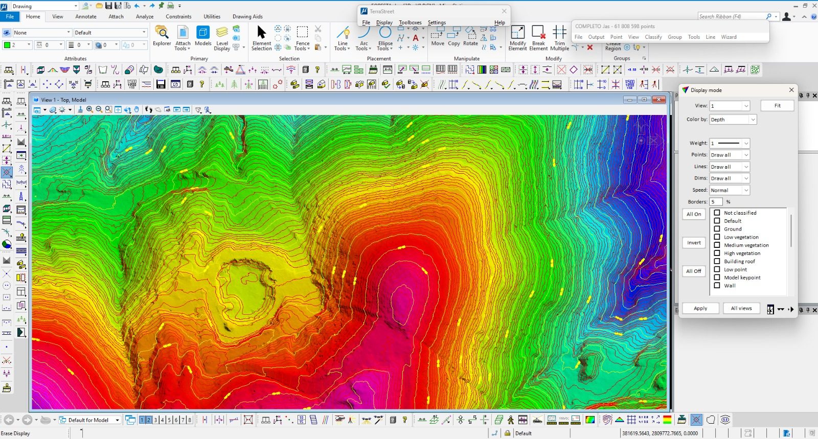 Modelo digital de terreno coloreado por elevación con curvas de nivel generado a partir de vuelo con dron — topografía con drones de Juárez Thompson 3D