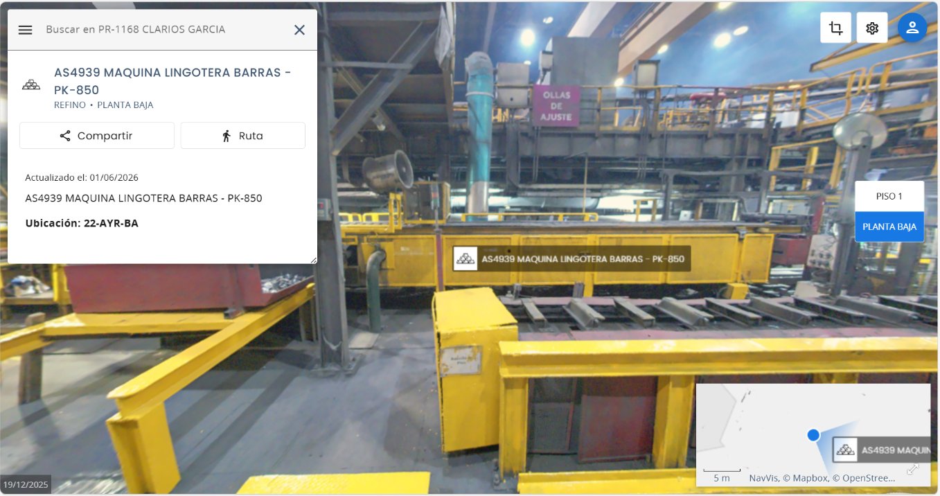 Activo industrial visualizado en NavVis IVION con su registro vinculado a IBM Maximo en la planta de Clarios García — digital twin de Juárez Thompson 3D