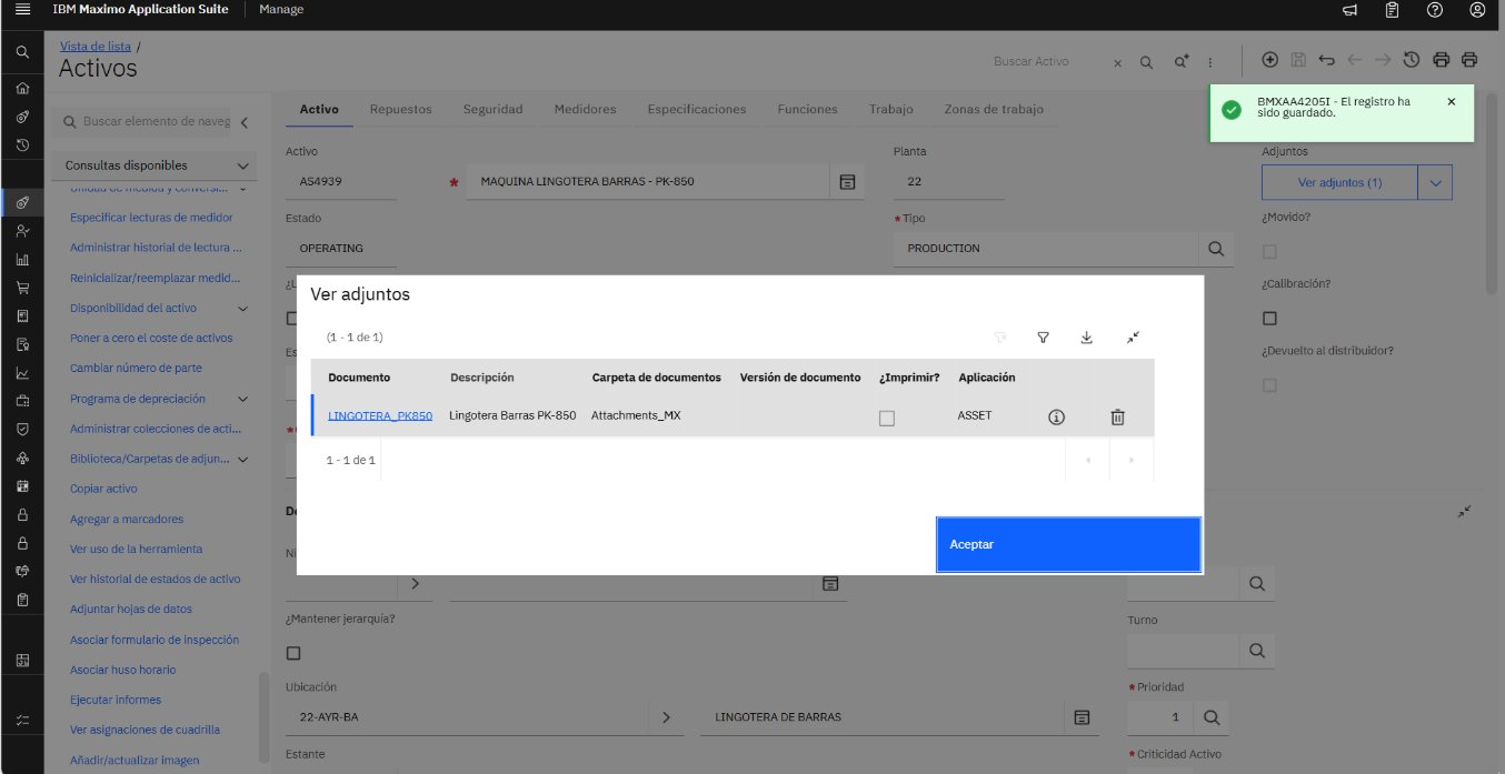 Registro de activo en IBM Maximo con URL de IVION como documento adjunto — integración digital twin con EAM