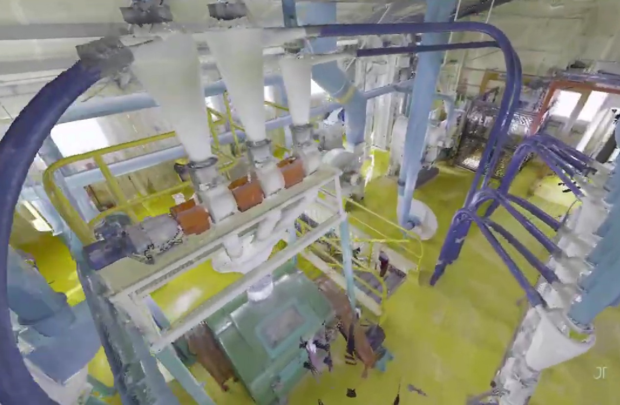 Escaneo láser en molino de granos — firma de ingeniería BUHLER propone instalación industrial con nube de puntos