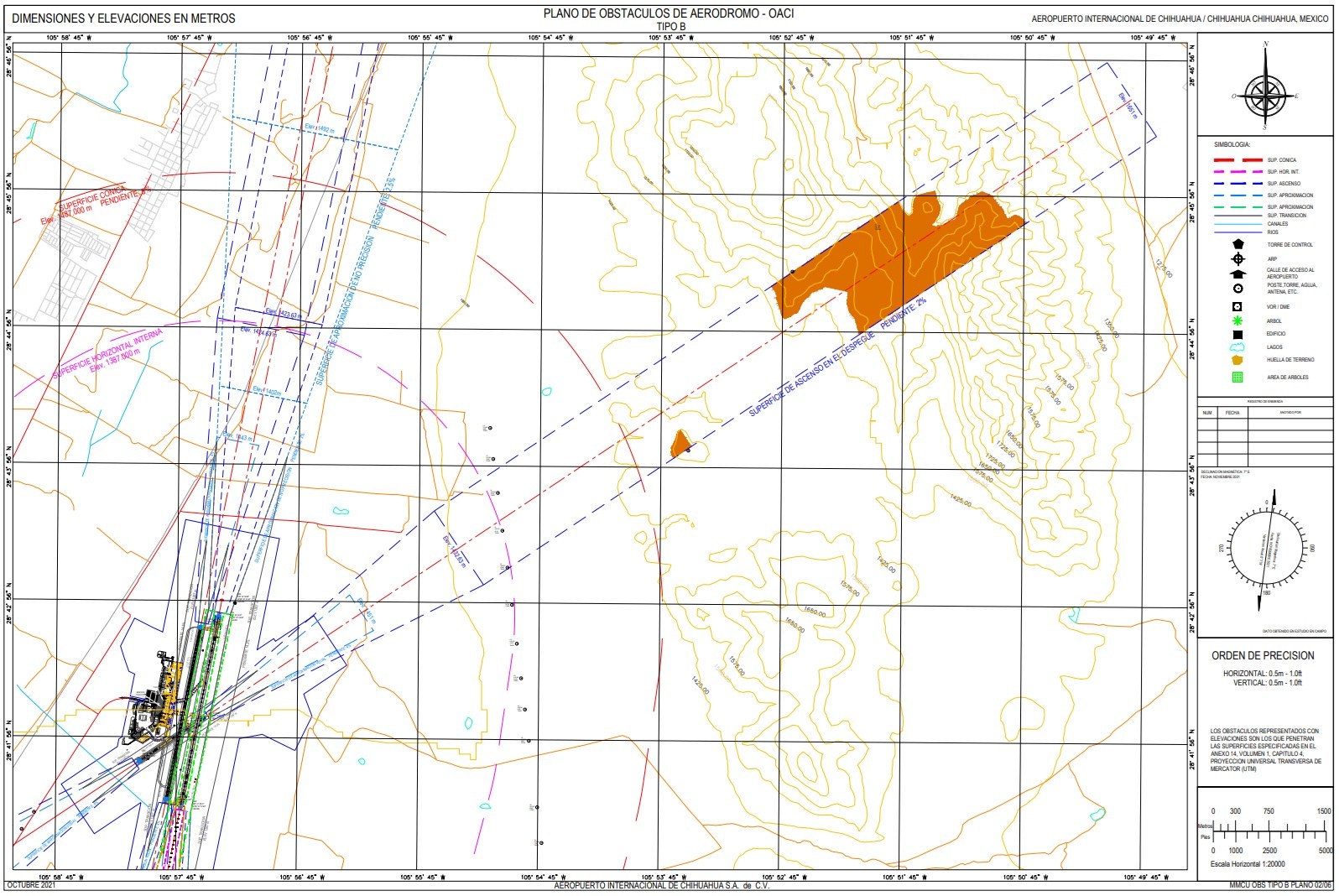 Plano de obstáculos OACI Tipo B del Aeropuerto Internacional de Chihuahua elaborado por Juárez Thompson 3D, con superficies limitadoras y topografía en un radio de 15 km