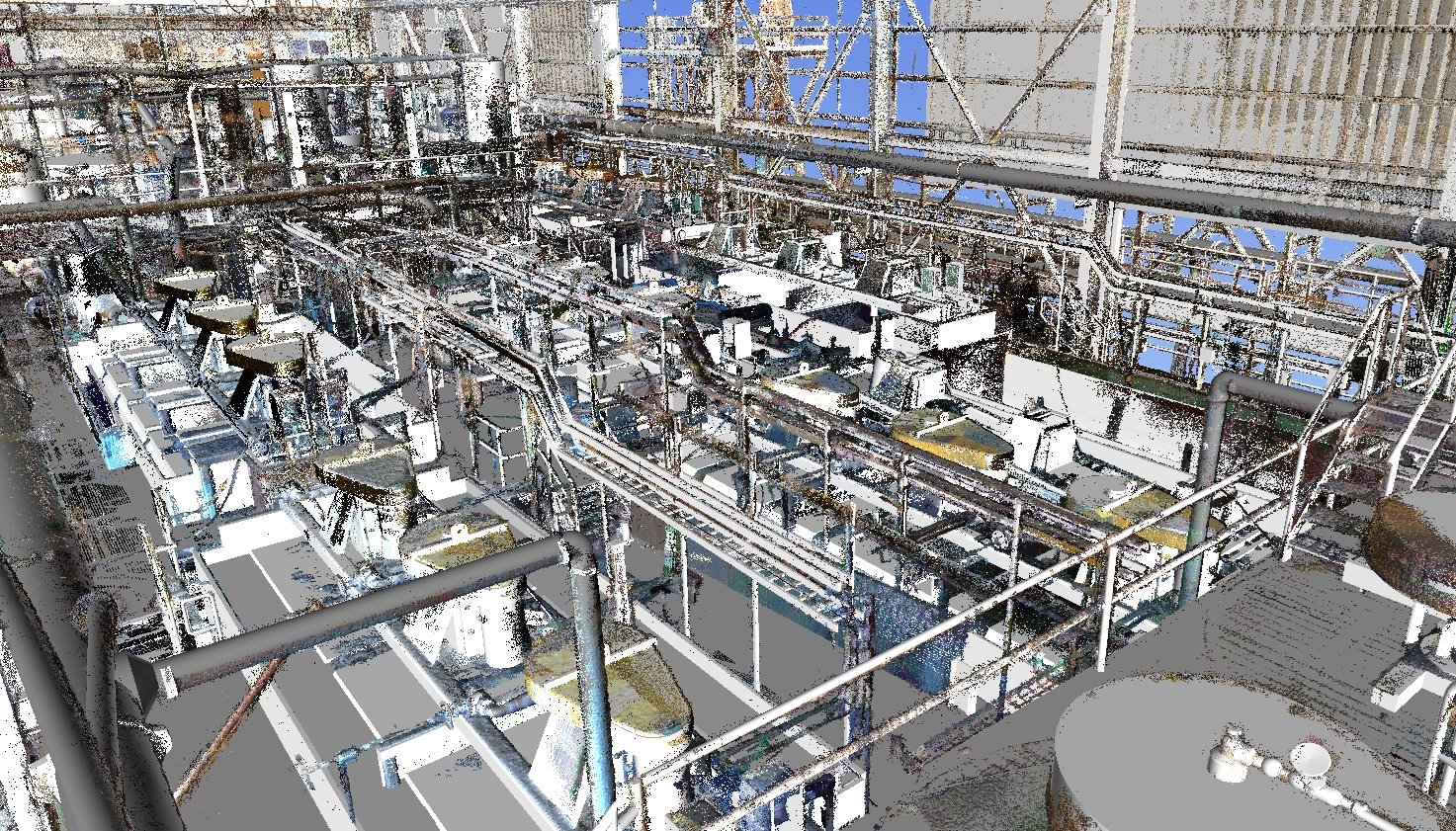 Comparación de modelo 3D As-Built y nube de puntos del interior de una planta industrial, gemelo digital elaborado por Juárez Thompson 3D