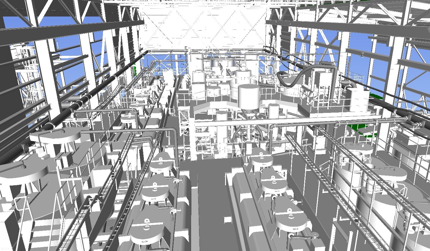 Modelo 3D As-Built del interior de una planta industrial, base de un gemelo digital elaborado por Juárez Thompson 3D