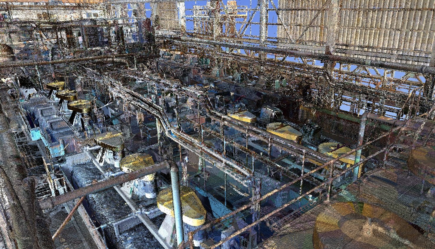 Nube de puntos colorizada del interior de una planta industrial capturada con escaneo láser 3D por Juárez Thompson 3D