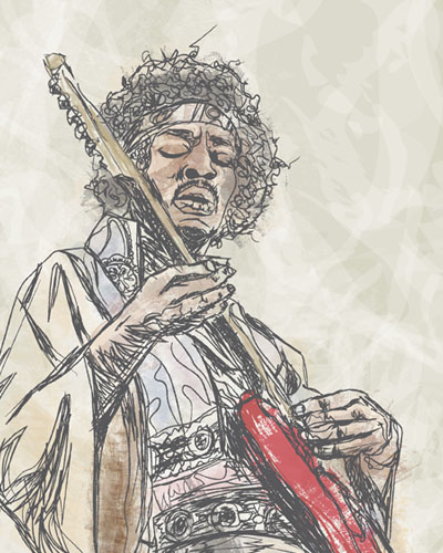 Digital sketch of Jimi Hendrix playing a red electric guitar.