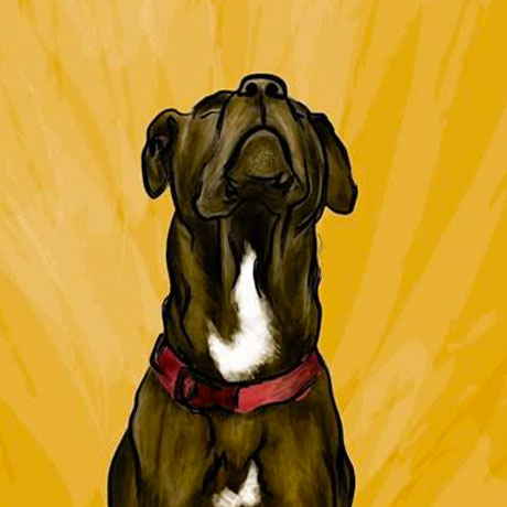 Digital painting of a black Lab/Pit mix sitting on the ground with his head toward the sky basking in the sun. 