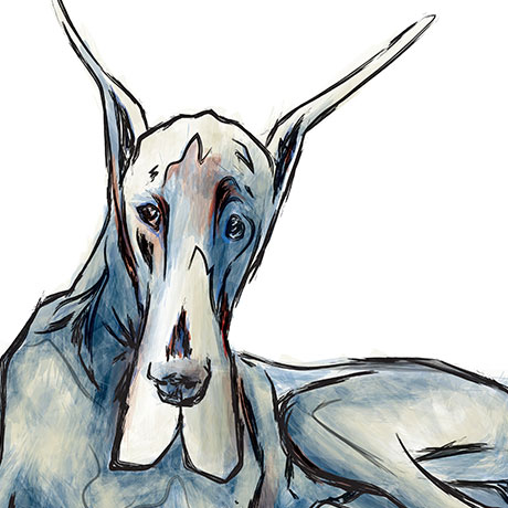 Dali inspired digital painting of a Great Dane with cropped ears created in a triadic color scheme. 