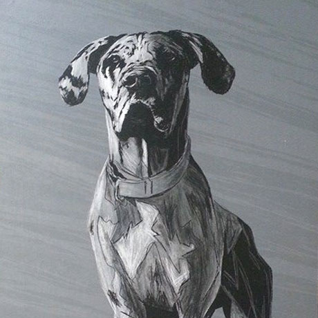 Digital painting of a grey, black, and white Merle Great Dane standing on a rocky hilltop against a light grey background.
